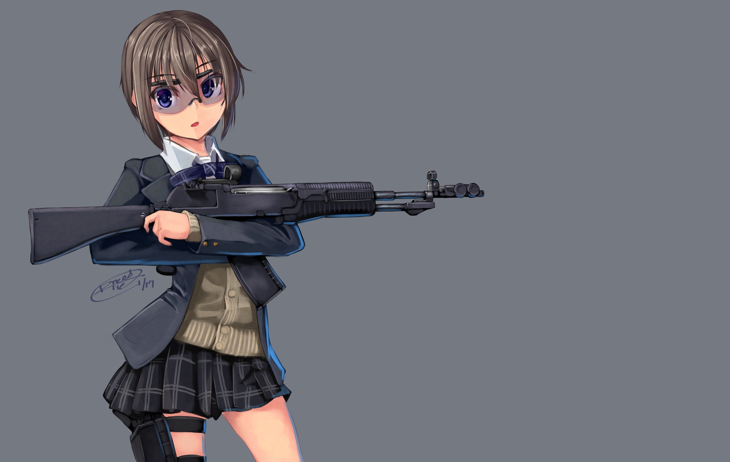 gun, anime girls, school uniform, original characters, 2K, HD Wallpaper