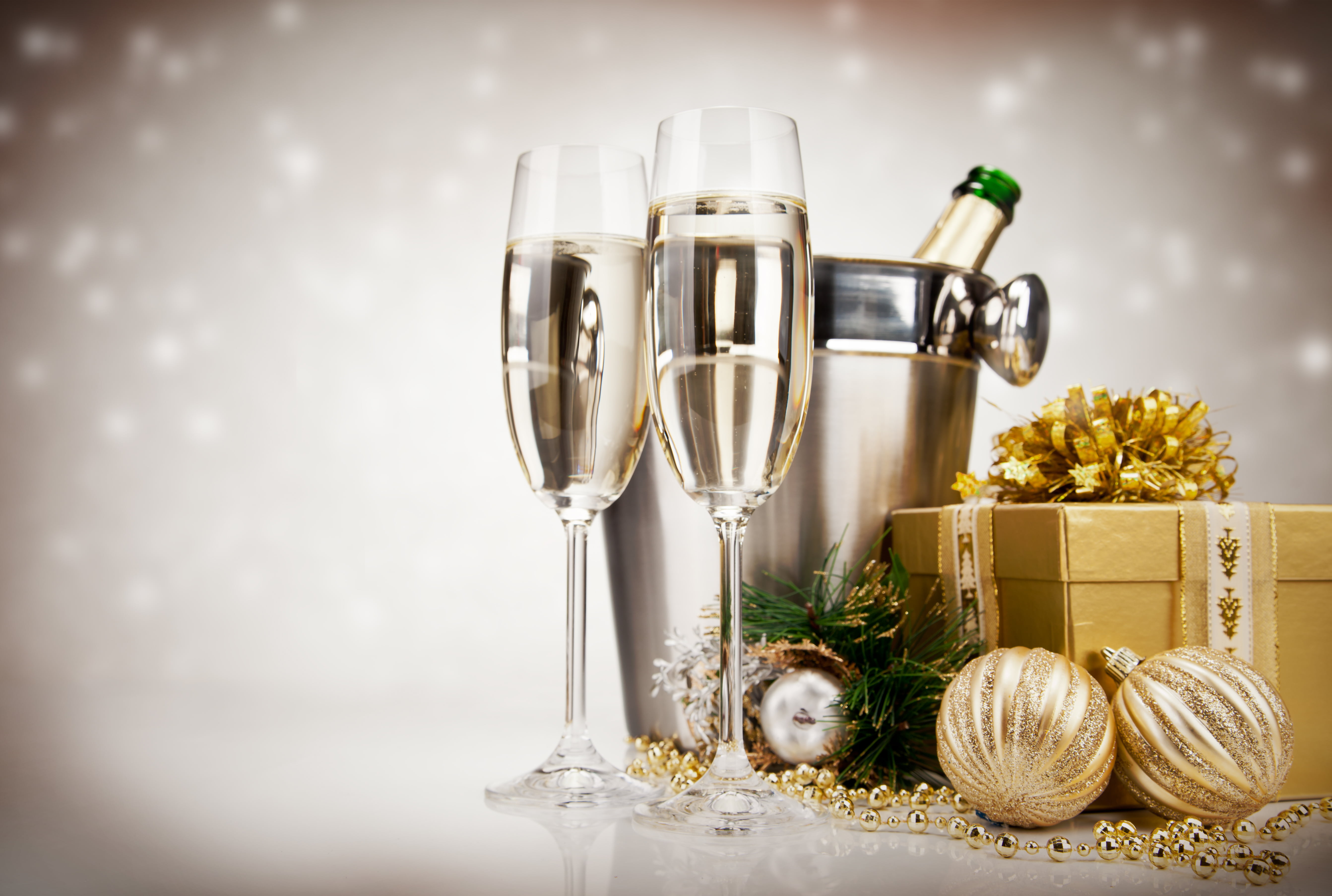 wine, gold, congratulating, decor, toys, glass, box - Container, season, decoration, new Years Day, romance, gold Colored, sphere, indoors, winter, 5K, HD Wallpaper