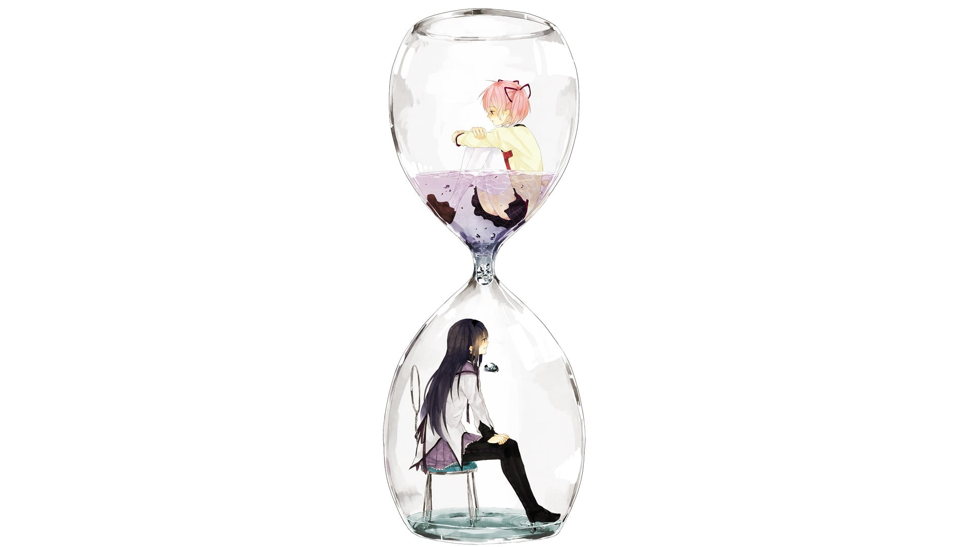 communication, glass - material, indoors, still life, wineglass, 1080P, drinking glass, Mahou Shoujo Madoka Magica, time, household equipment, white background, HD Wallpaper