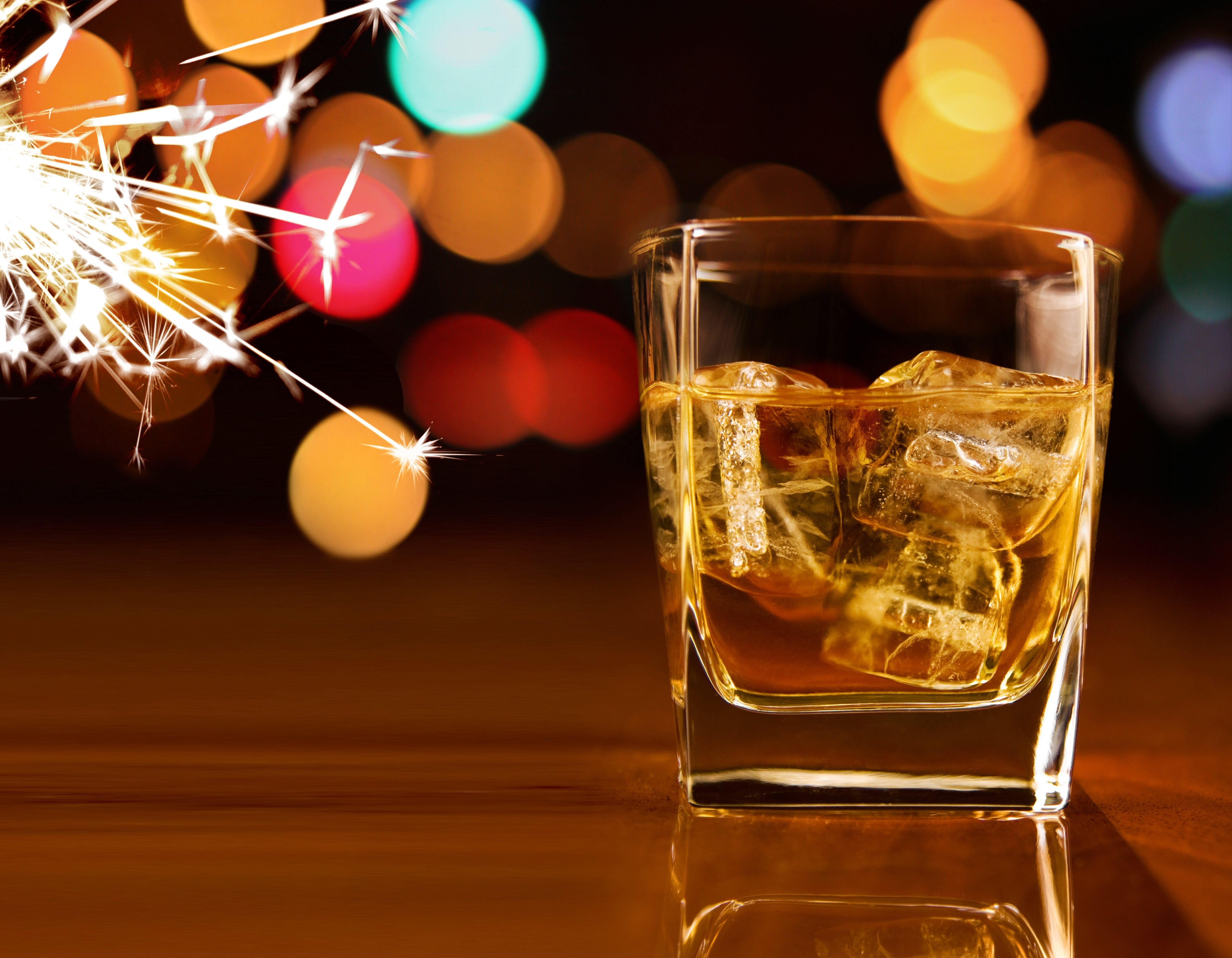 transparent, table, ice cubes, food, illuminated, night, 5K, drink, household equipment, lights, food and drink, glass, no people, glass - material, wood - material, HD Wallpaper