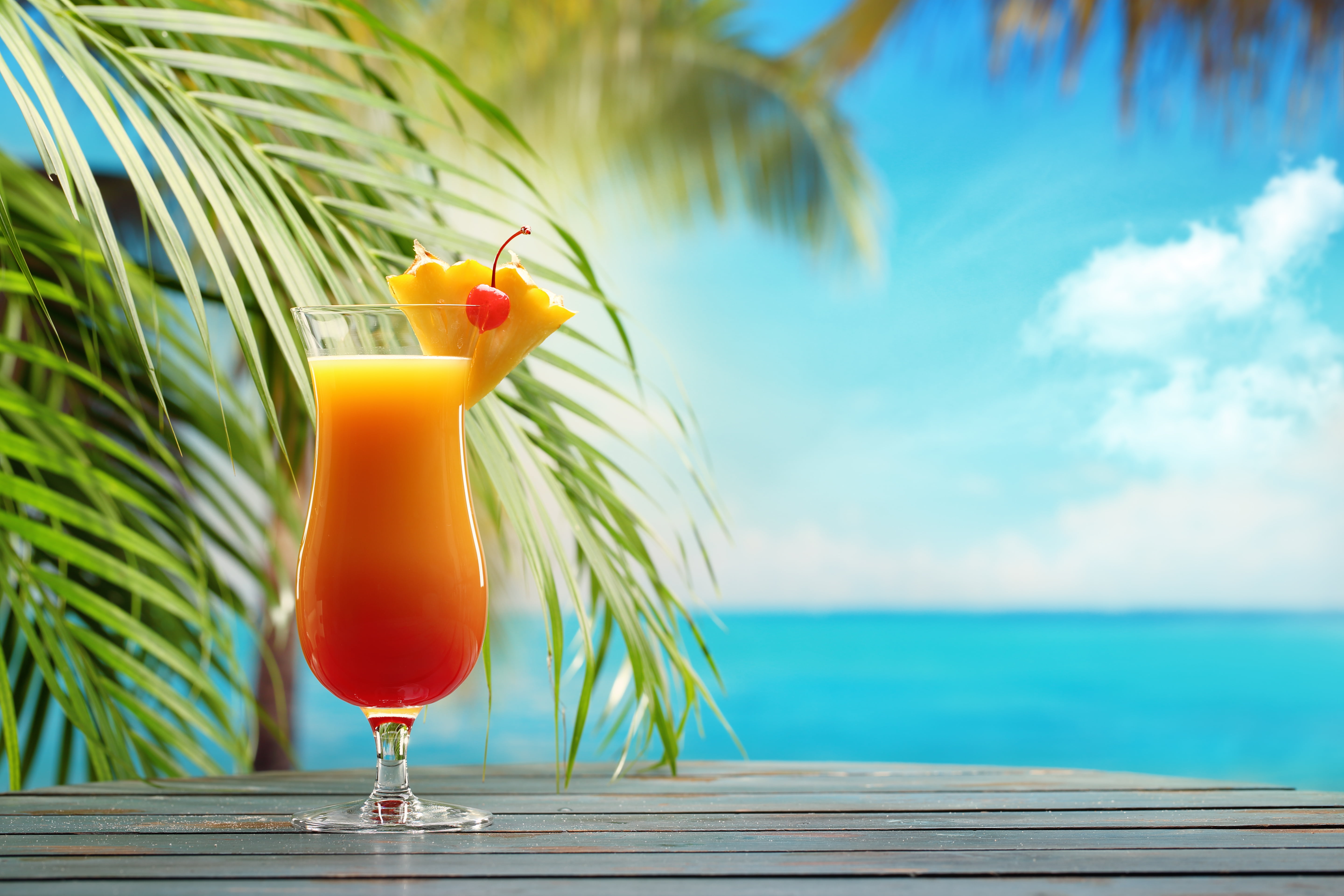 swimming pool, palm tree, glass, 5K, drinking glass, nature, food, refreshment, day, fruit, drinking, palm leaf, summer, paradise, clear, water, fresh, HD Wallpaper