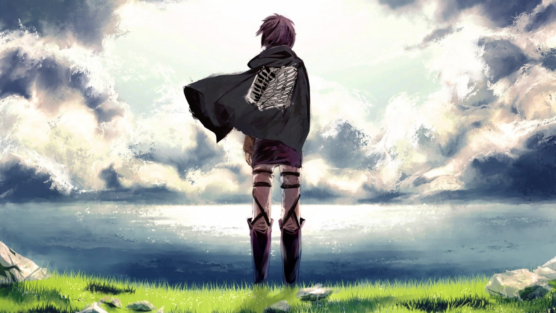 land, adult, standing, real people, anime girls, anime, beauty in nature, water, character, Shingeki no Kyojin, scenics - nature, rear view, sea, women, HD Wallpaper