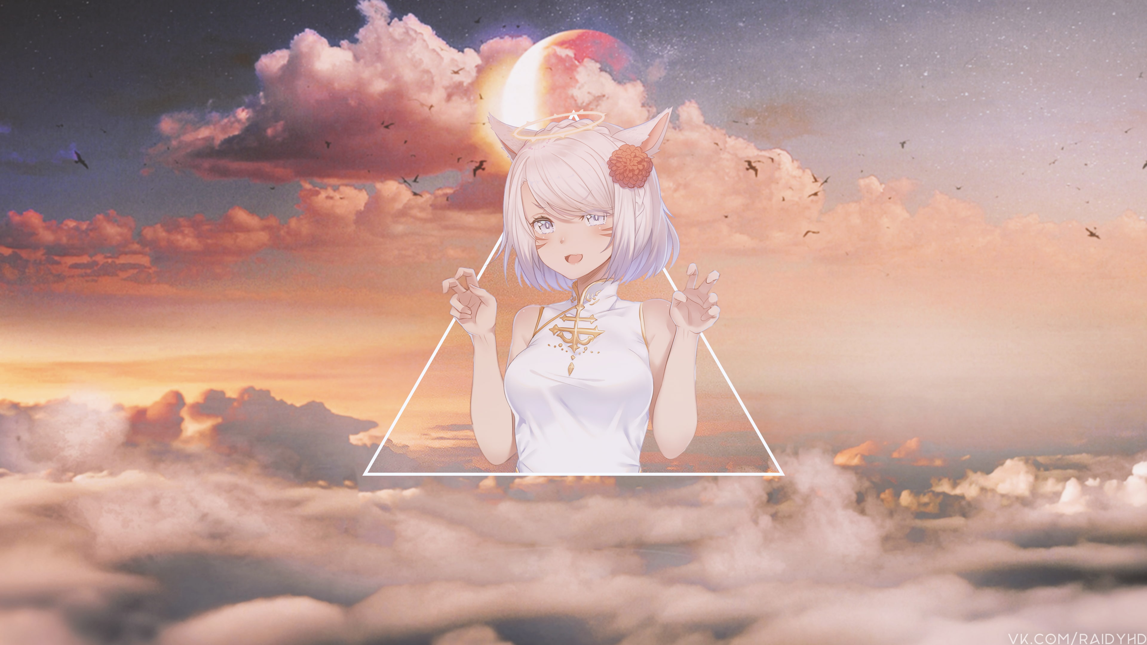 anime, picture-in-picture, 4K, anime girls, sky, animal ears, HD Wallpaper