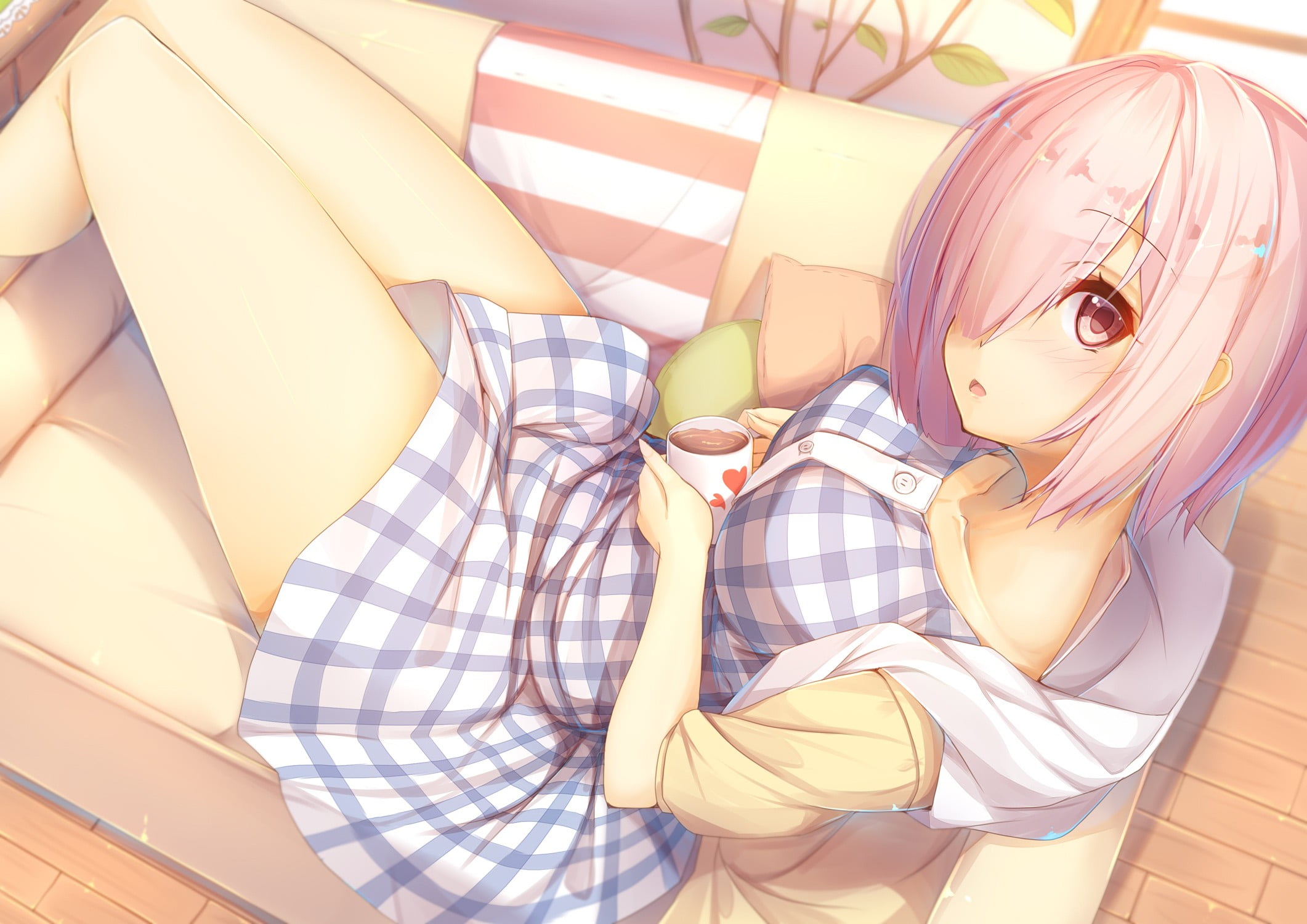 1080P, lying down, day, pink hair, high angle view, portrait, young women, relaxation, bed, leisure activity, real people, pattern, women, one person, HD Wallpaper