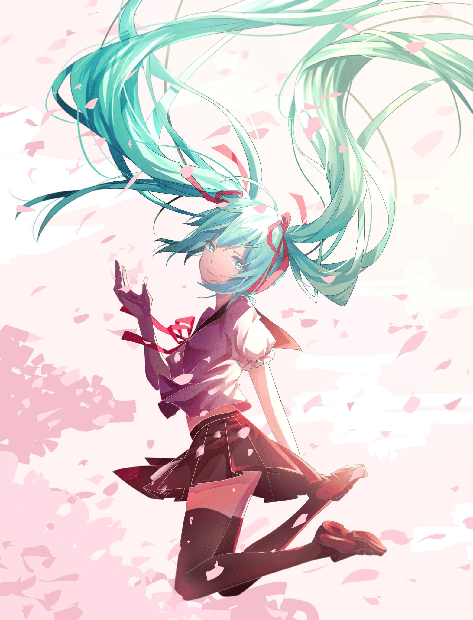 floating, flower, school uniform, school, skirt, zettai, girls, uniform, long, long hair, vocaloid, twintails, ryouiki, highs, hair, anime, zettai ryouiki, Phone HD Wallpaper