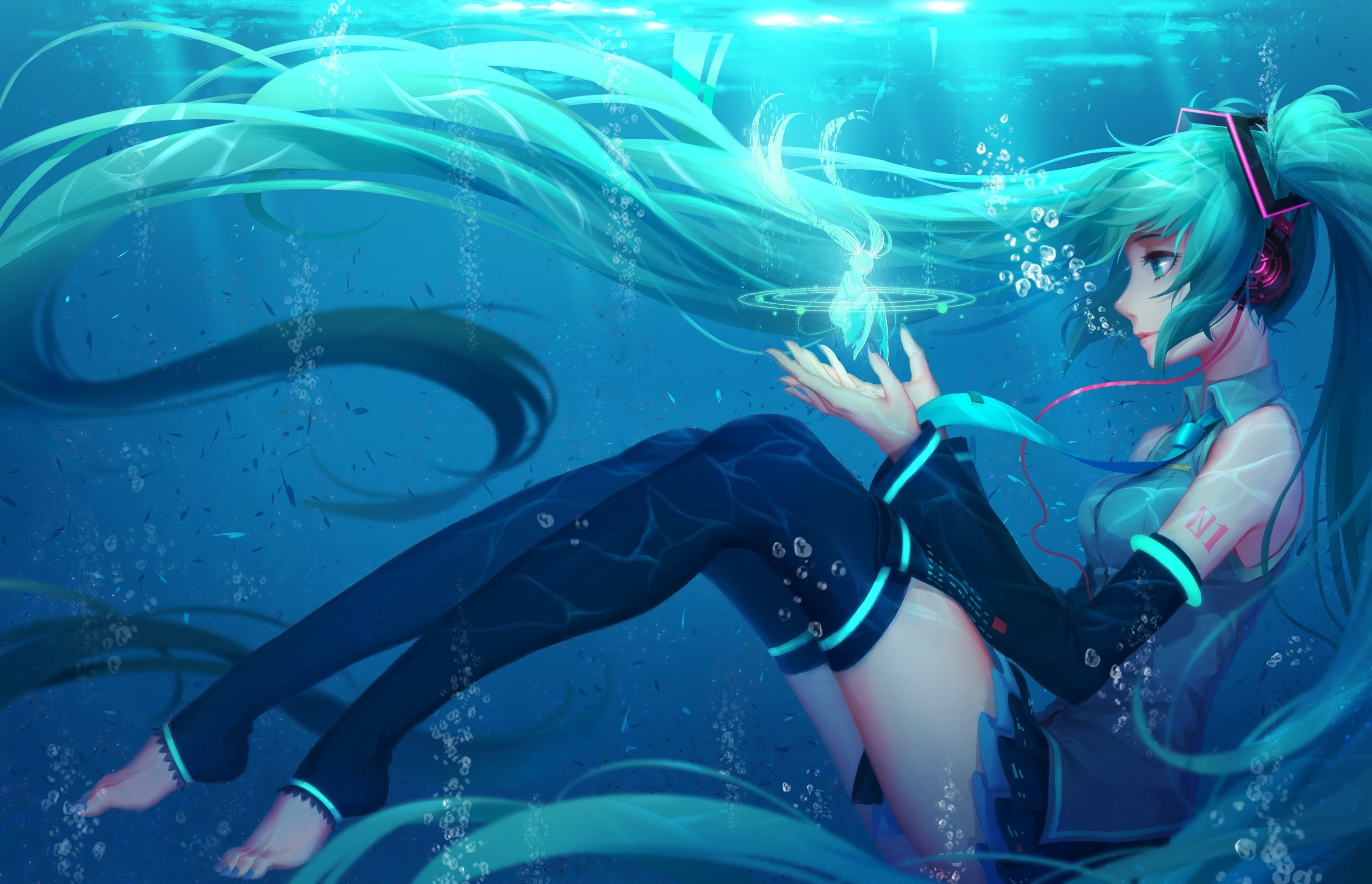 swimming, underwater, cyan, sea, bubbles, one person, water, lifestyles, undersea, real people, bubble, females, leisure activity, thigh-highs, blue, artwork, HD Wallpaper