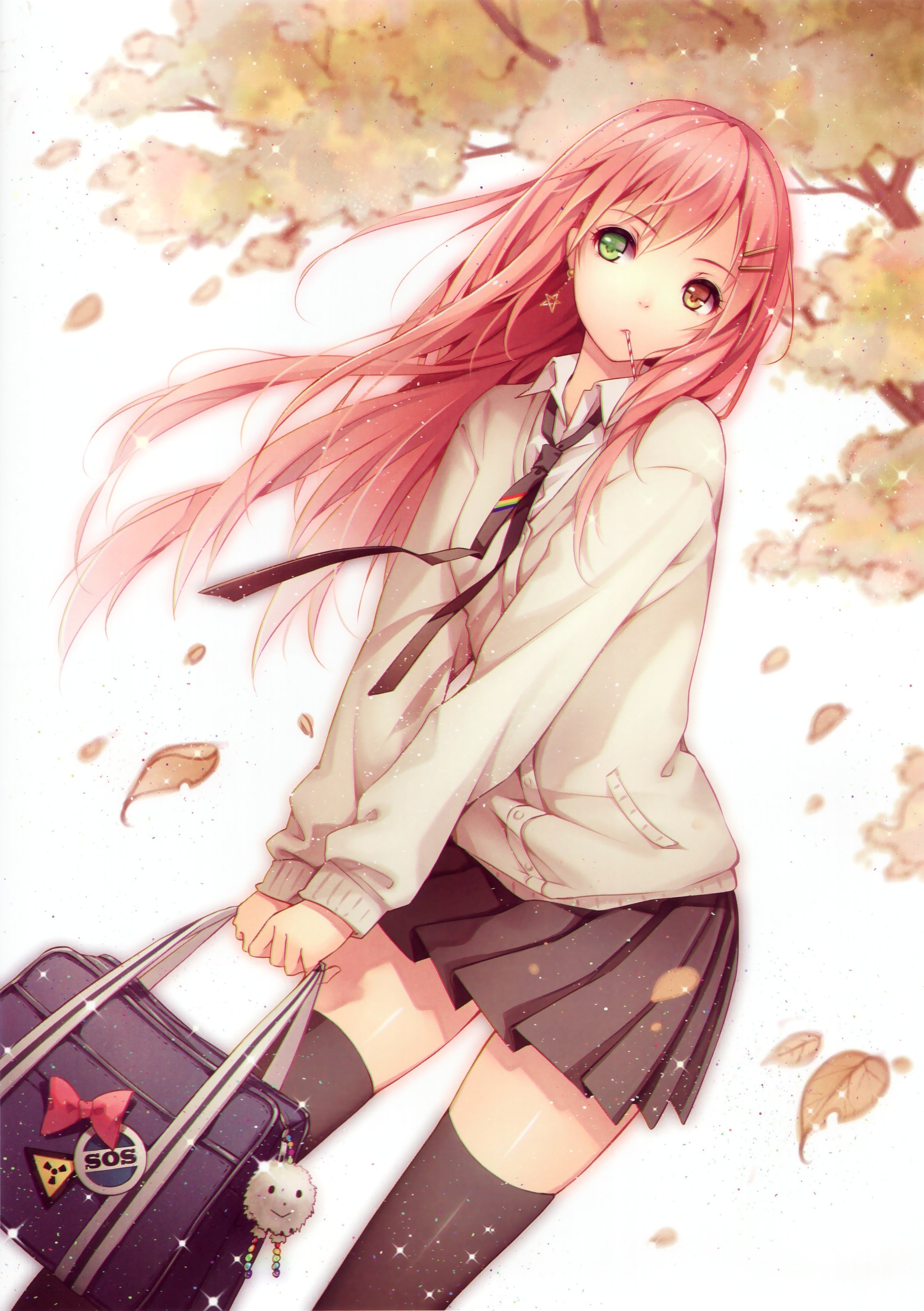 anime, 2K, original characters, heterochromia, skirt, pink hair, leaves, bag, anime girls, school uniform, zettai ryouiki, Phone HD Wallpaper