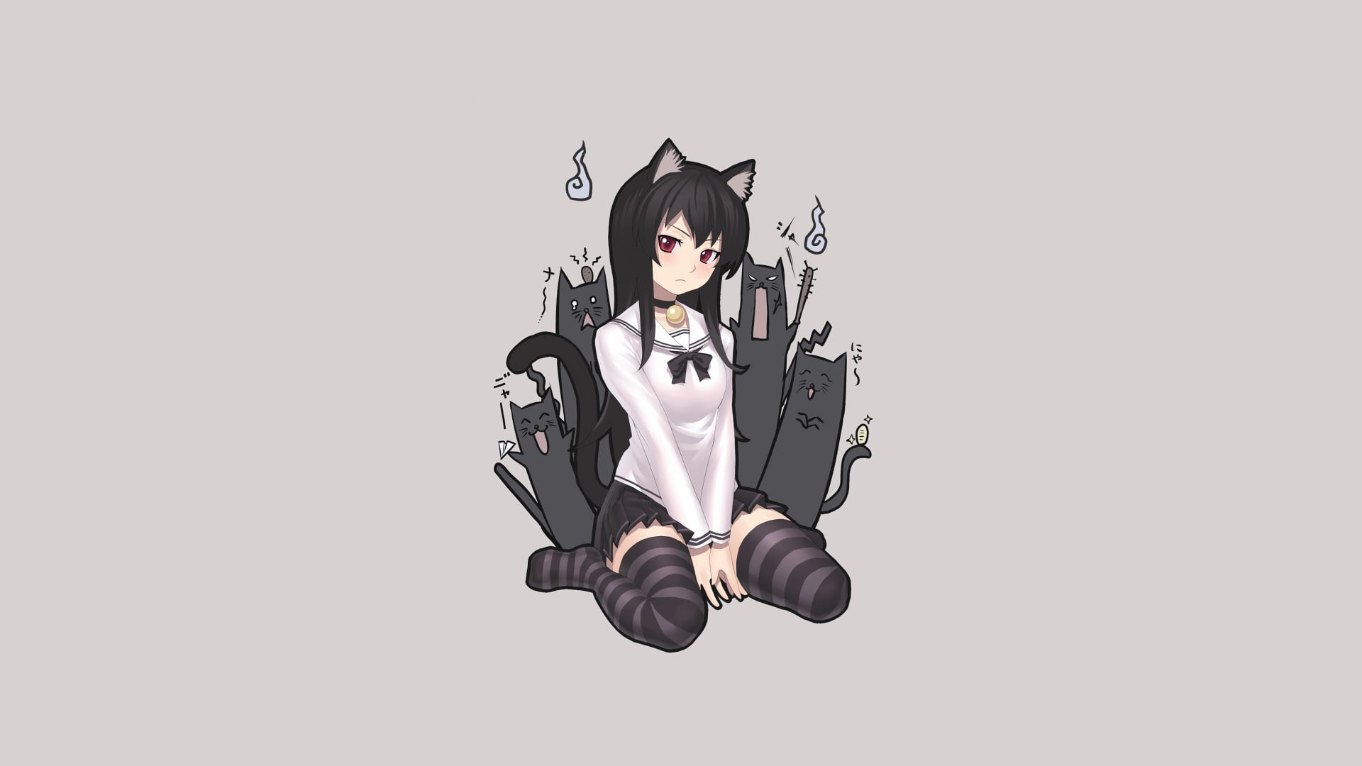 anime girls, black hair, animal ears, thigh-highs, shirt, zettai ryouiki, cats, long hair, nekomimi, bell, red eyes, sitting, tail, skirt, simple background, HD Wallpaper