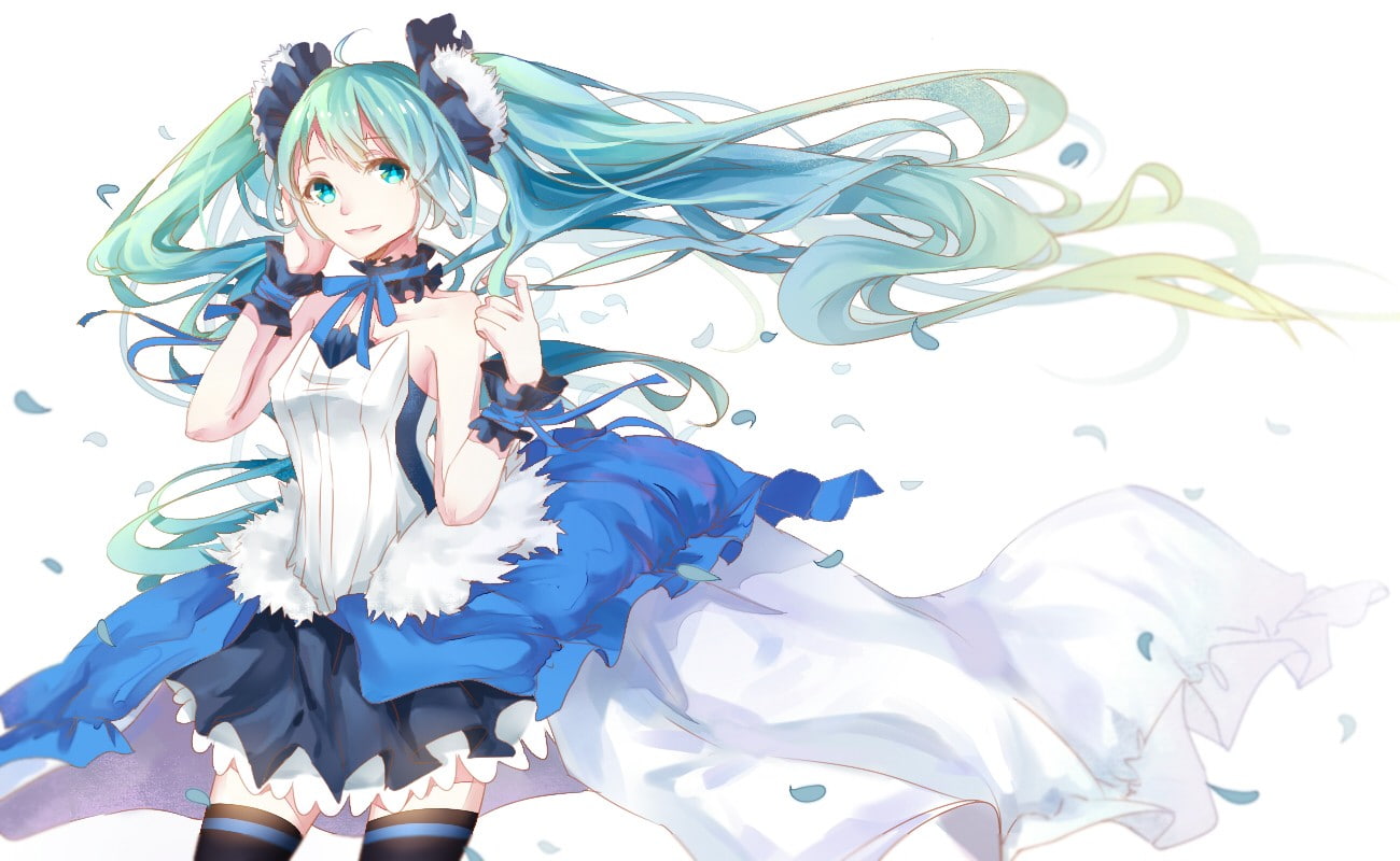 Vocaloid, headband, Hatsune Miku, twintails, anime girls, simple background, dress, anime, 720P, thigh-highs, ribbon, long hair, petals, zettai ryouiki, HD Wallpaper