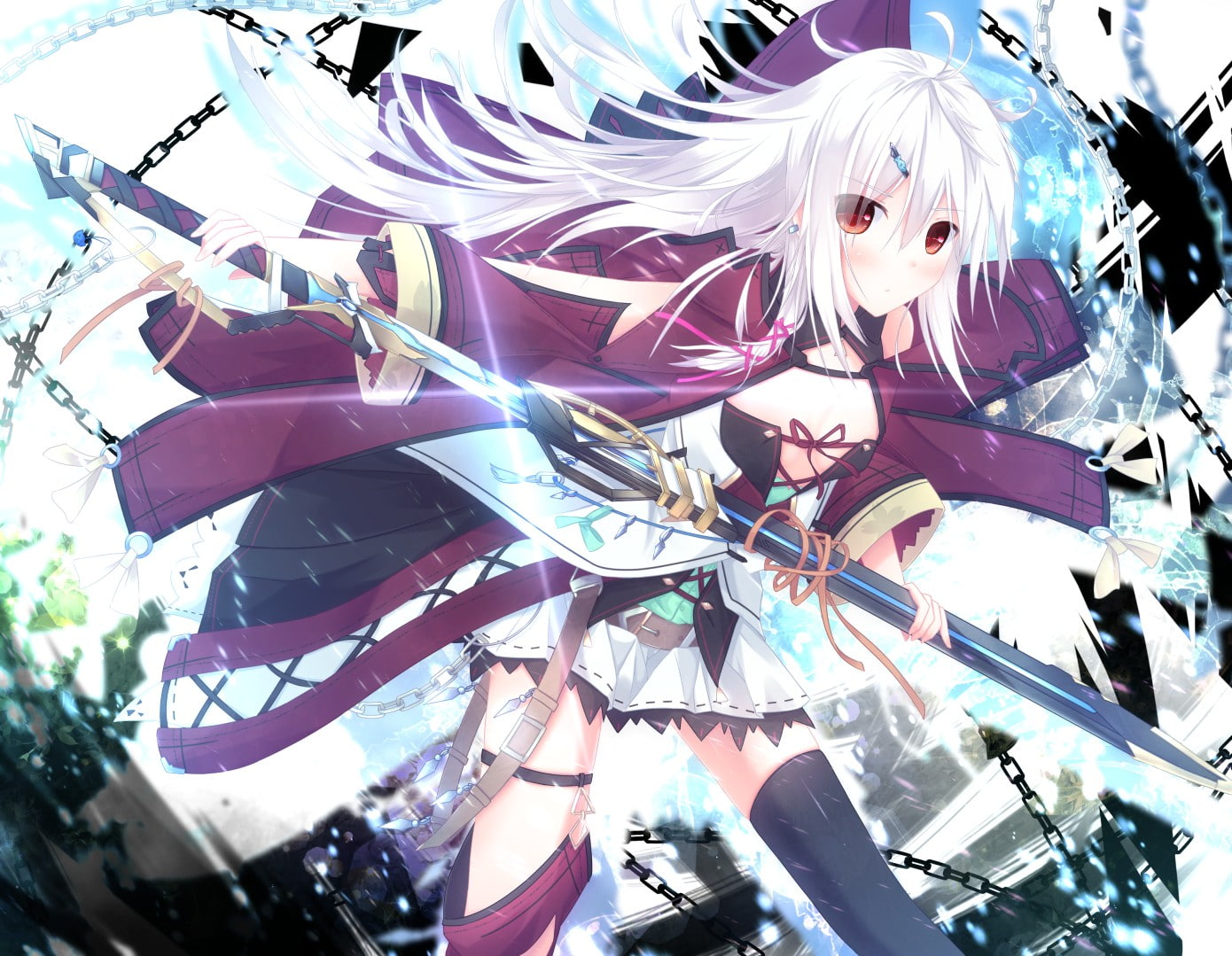 zettai ryouiki, sword, thigh-highs, ribbon, anime, jewelry, anime girls, long hair, original characters, 720P, weapon, HD Wallpaper