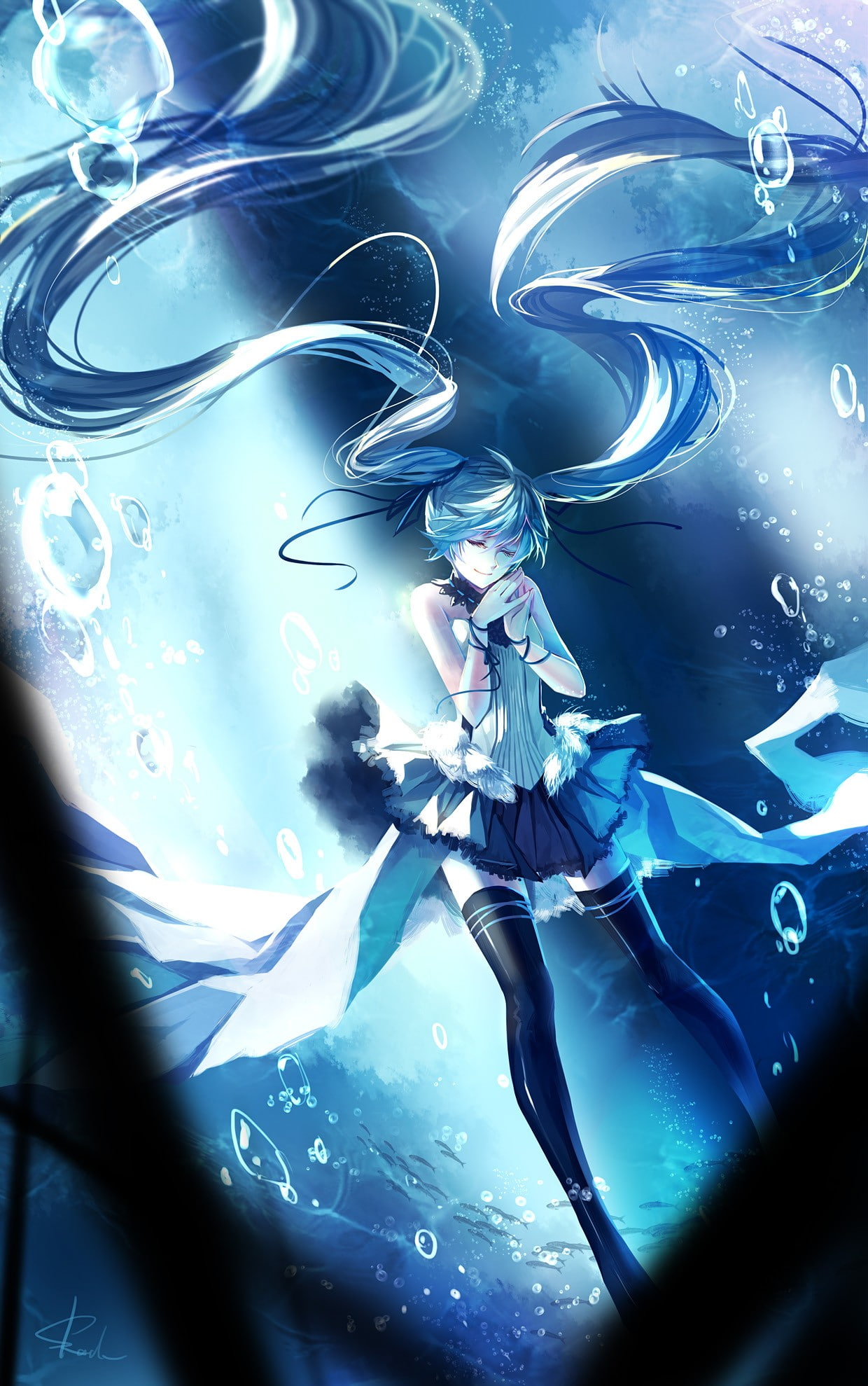 portrait display, smiling, anime girls, Vocaloid, underwater, zettai ryouiki, 1080P, anime, ribbon, long hair, bubbles, dress, twintails, Hatsune Miku, Phone HD Wallpaper