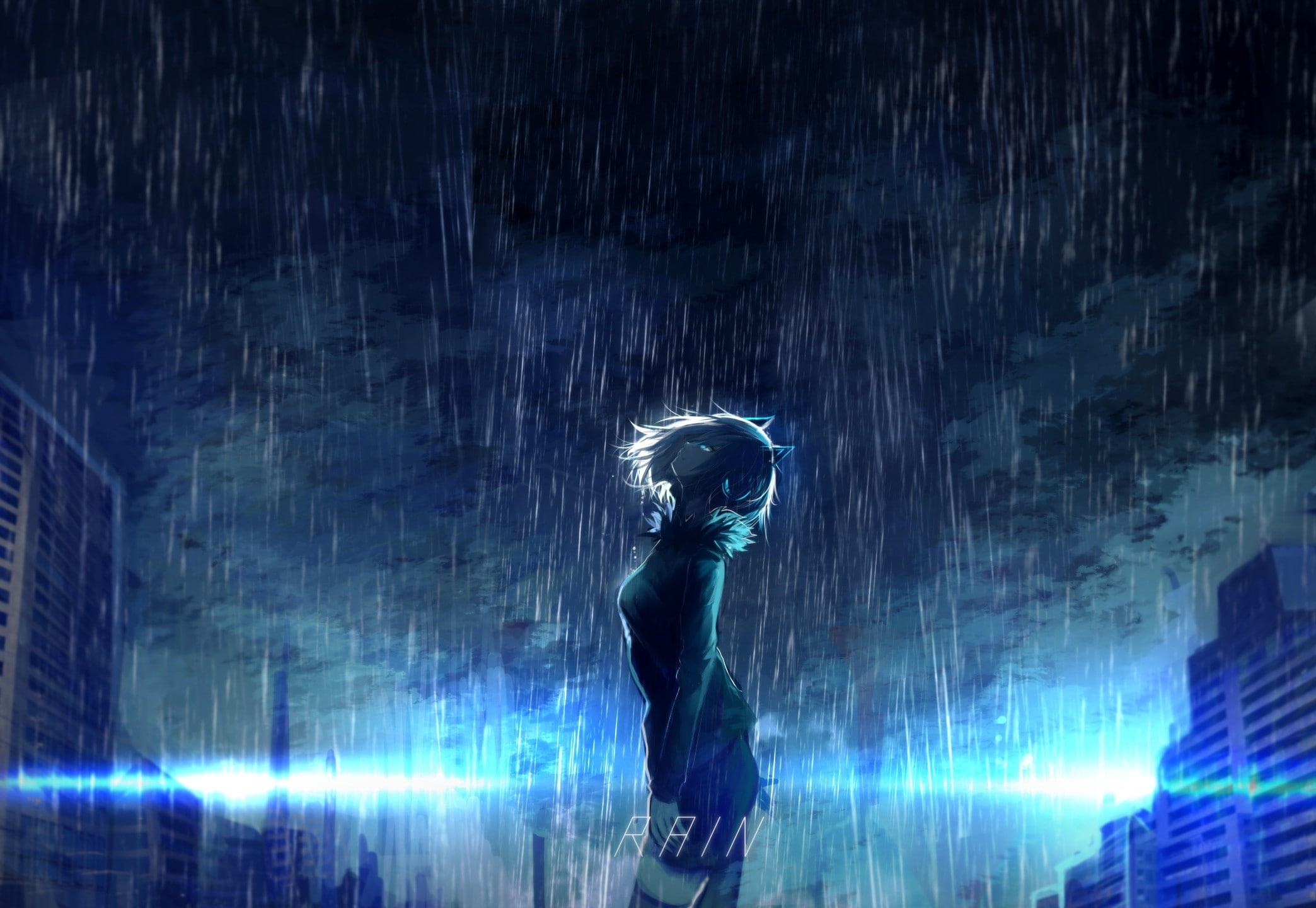 city, thigh-highs, animal ears, clouds, zettai ryouiki, short hair, aqua eyes, building, rain, shorts, 1080P, water, headphones, HD Wallpaper