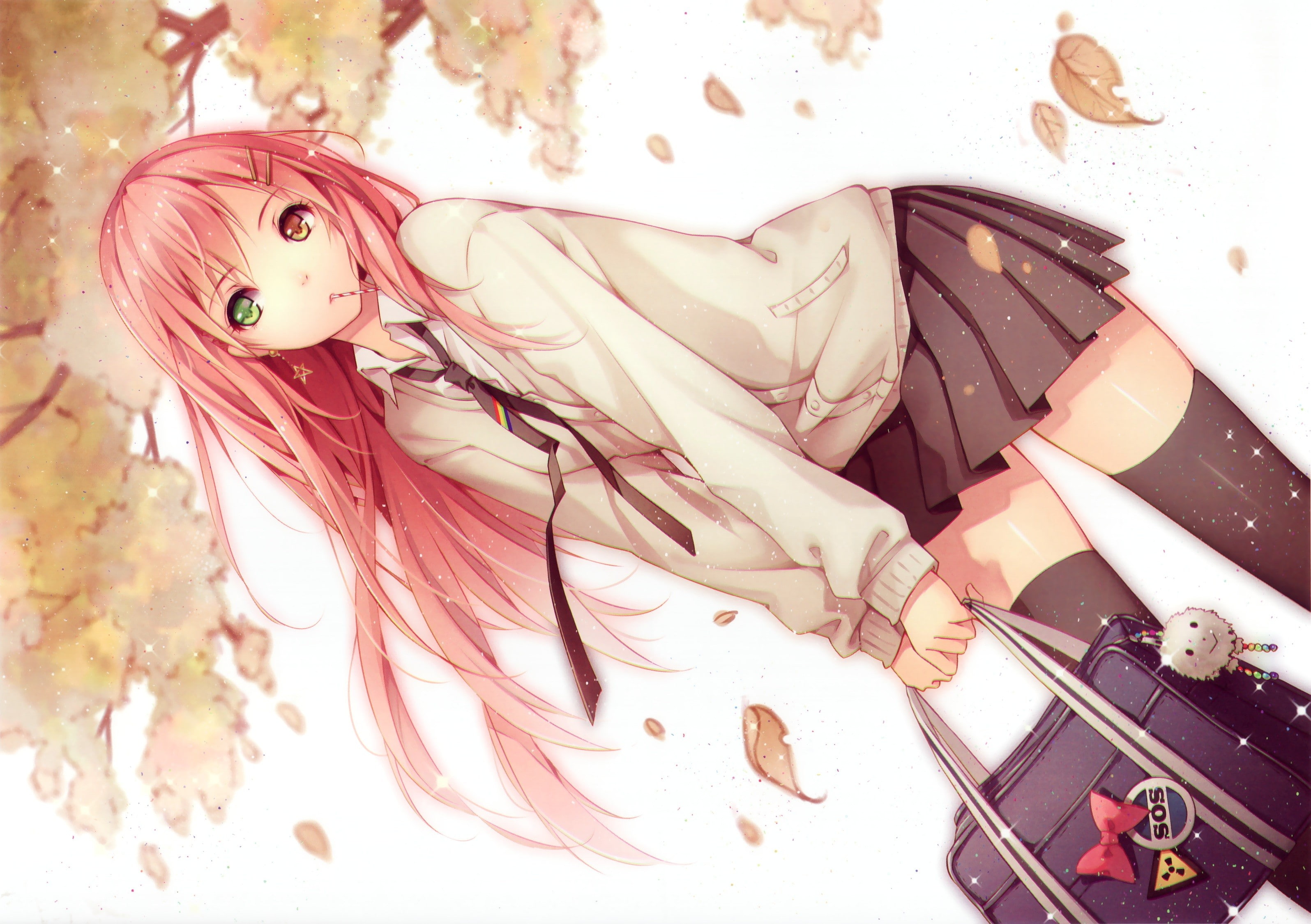 anime girls, anime, pink hair, bag, skirt, heterochromia, leaves, 2K, school uniform, original characters, zettai ryouiki, HD Wallpaper