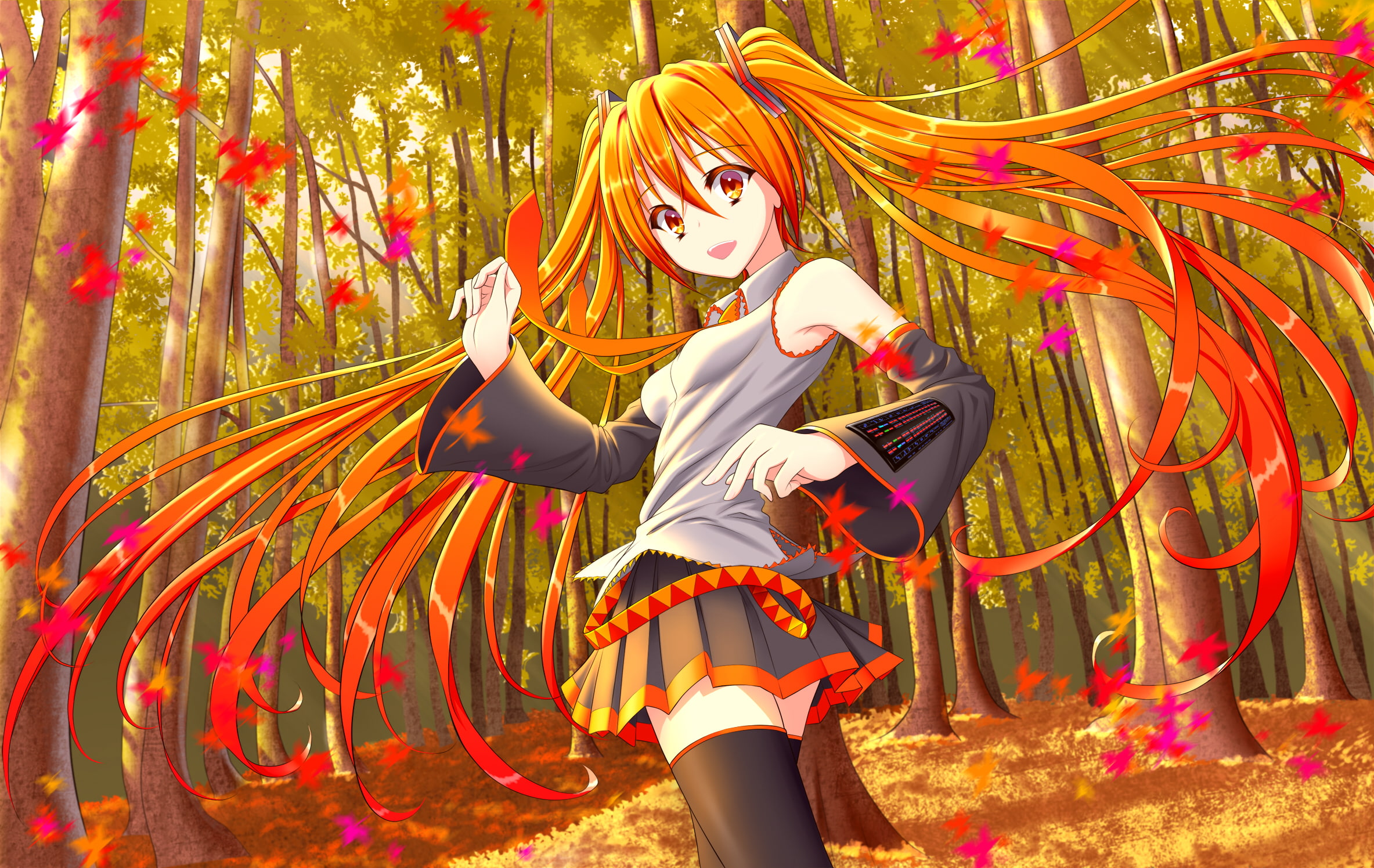 eyes, 1080P, miku, ryouiki, oshou, twintails, autumn, forest, zettai, leaves, hatsune, thighhighs, hair, vocaloid, long, orange, tree, HD Wallpaper