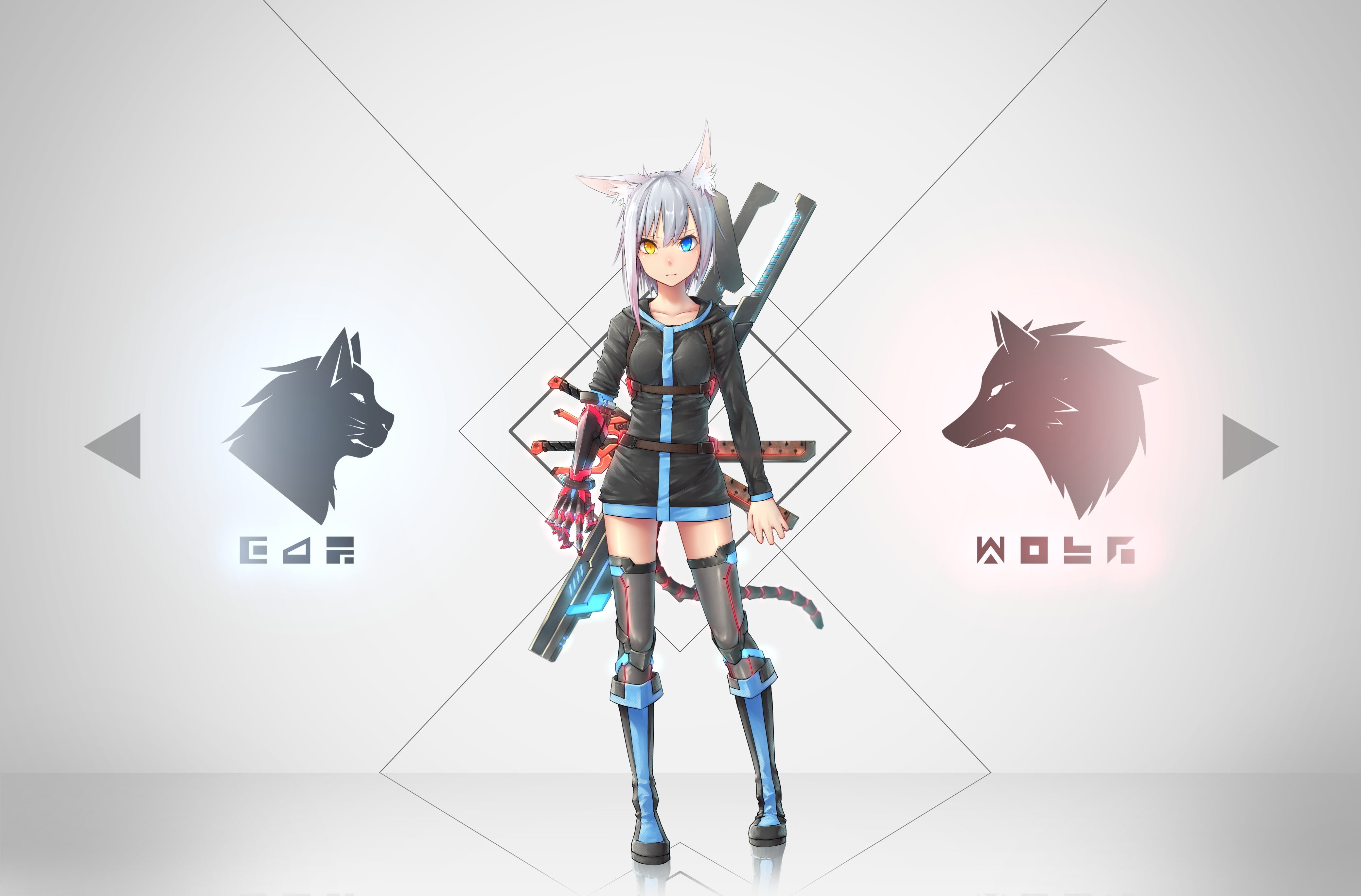 sword, weapon, original characters, tail, heterochromia, anime, 4K, dress, short hair, animal ears, anime girls, zettai ryouiki, gray hair, HD Wallpaper