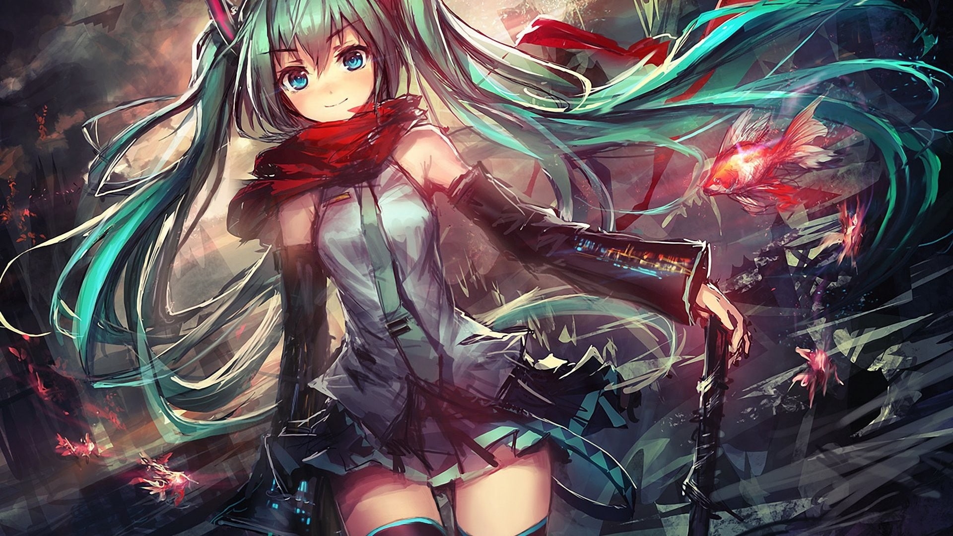 aqua hair, 1080P, smiling, zettai ryouiki, anime girls, fish, blue eyes, twintails, long hair, Hatsune Miku, op-center, thigh-highs, looking at viewer, HD Wallpaper