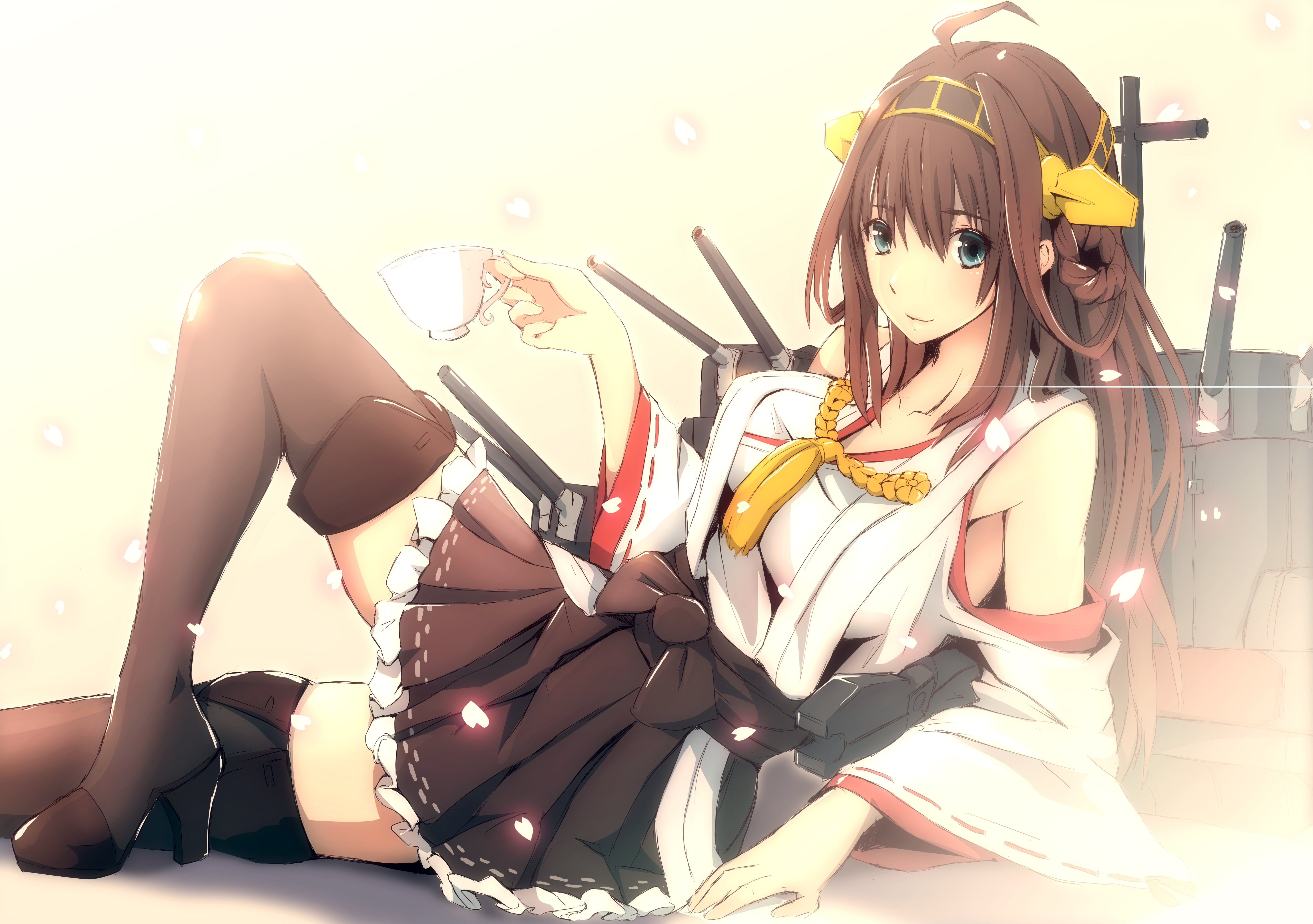 5K, kongou, eyes, hair, japanese, zettai, clothes, boots, miko, kantai, (kancolle), ryouiki, blue, collection, petals, skirt, drink, brown, thighhighs, HD Wallpaper