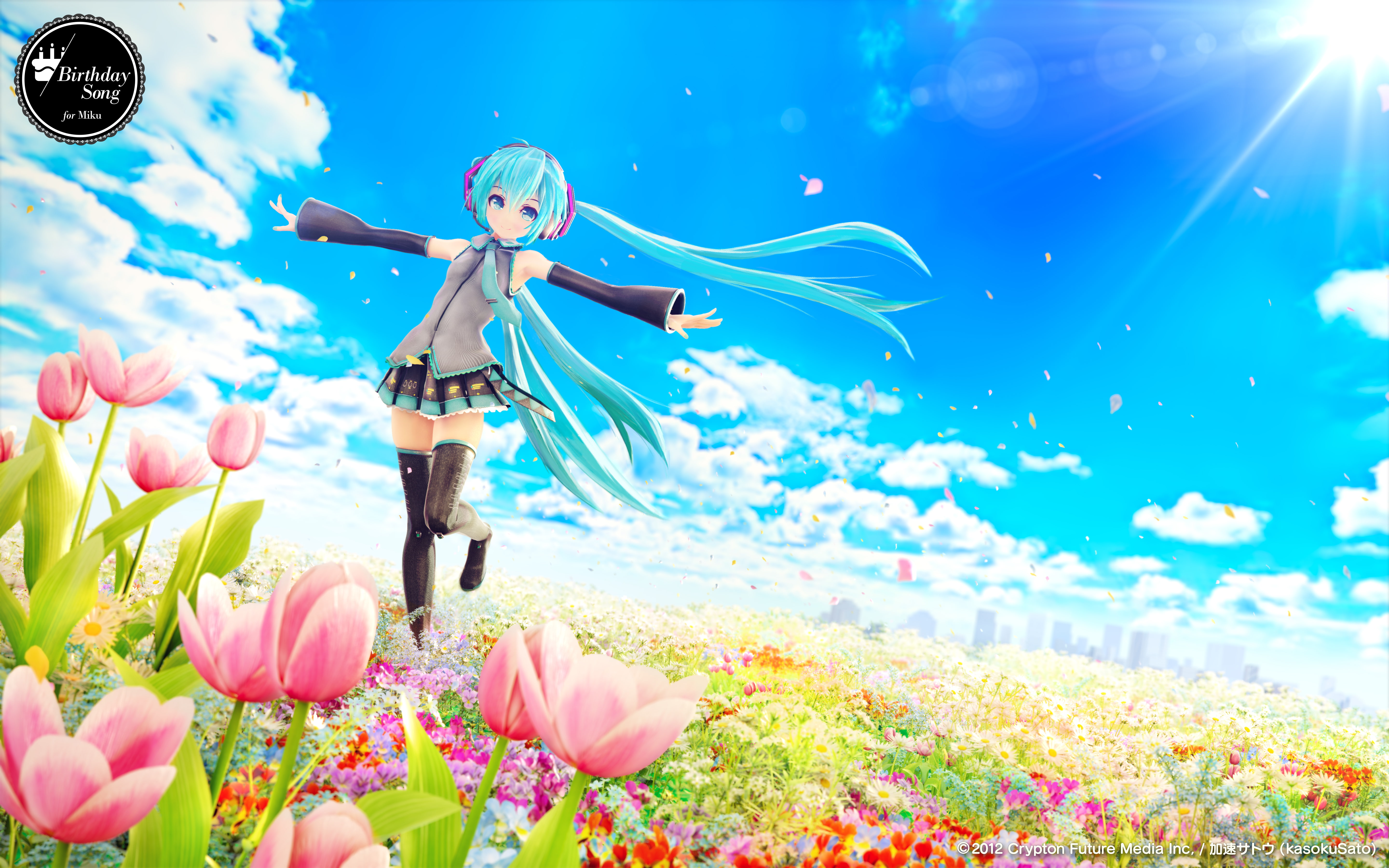 zettai, twintails, sky, thighhighs, city, miku, chuukarudoruhu, 5K, flowers, vocaloid, hatsune, clouds, ryouiki, HD Wallpaper