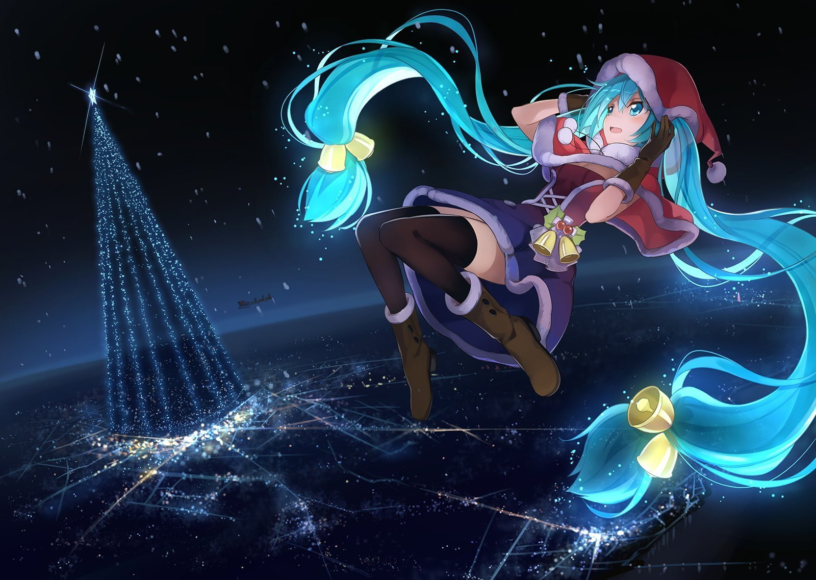 hatsune, Thighhighs, miku, Aqua Hair, christmas, Aqua Eyes, Zettai, boots, hair, Beek, 720P, night, Hoodie, Cape, Ryouiki, bell, vocaloid, twintails, Long, HD Wallpaper
