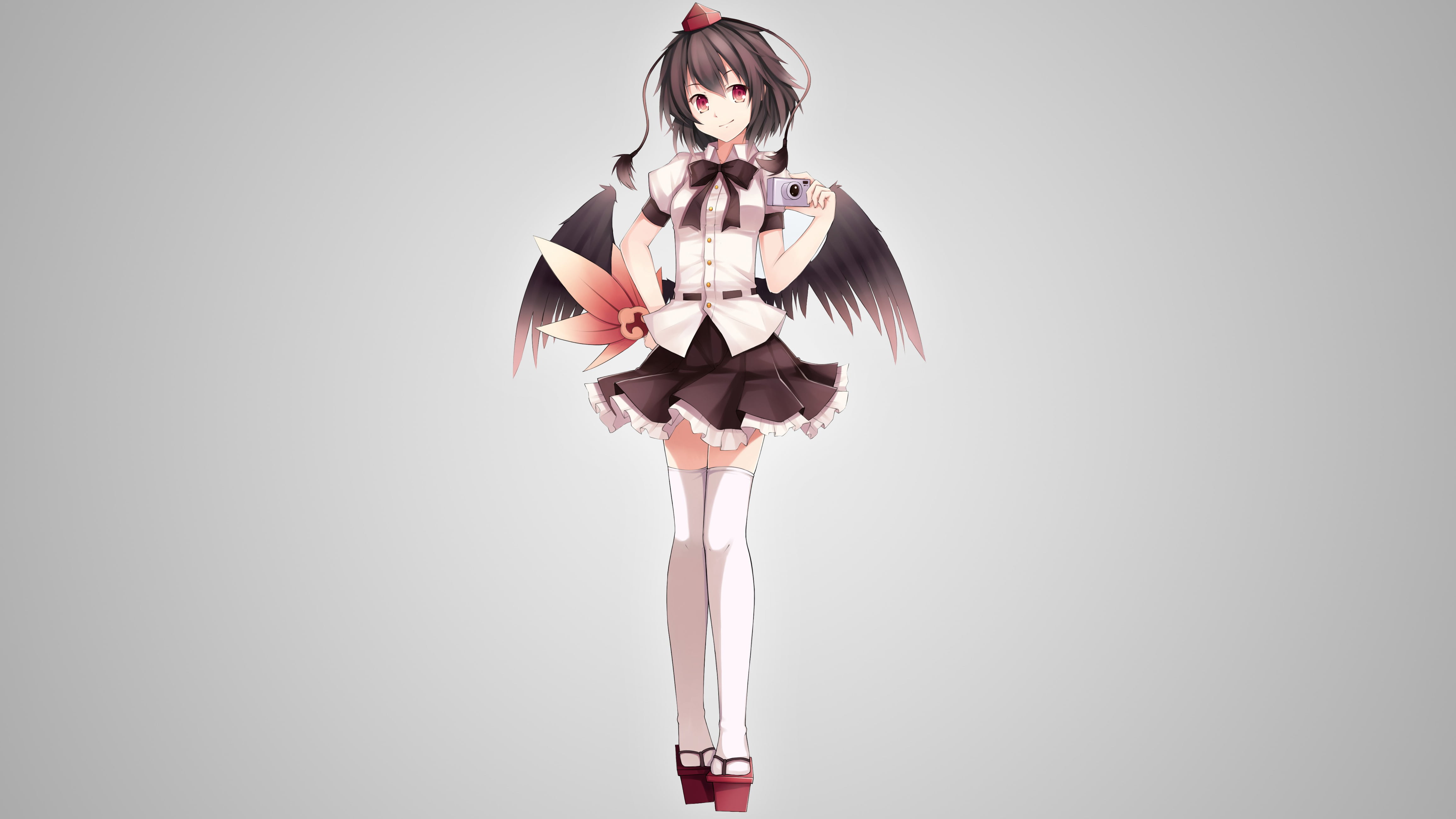 wings, skirt, short hair, shirt, camera, zettai ryouiki, hat, Touhou, anime girls, 4K, thigh-highs, black hair, simple background, red eyes, Shameimaru Aya, HD Wallpaper