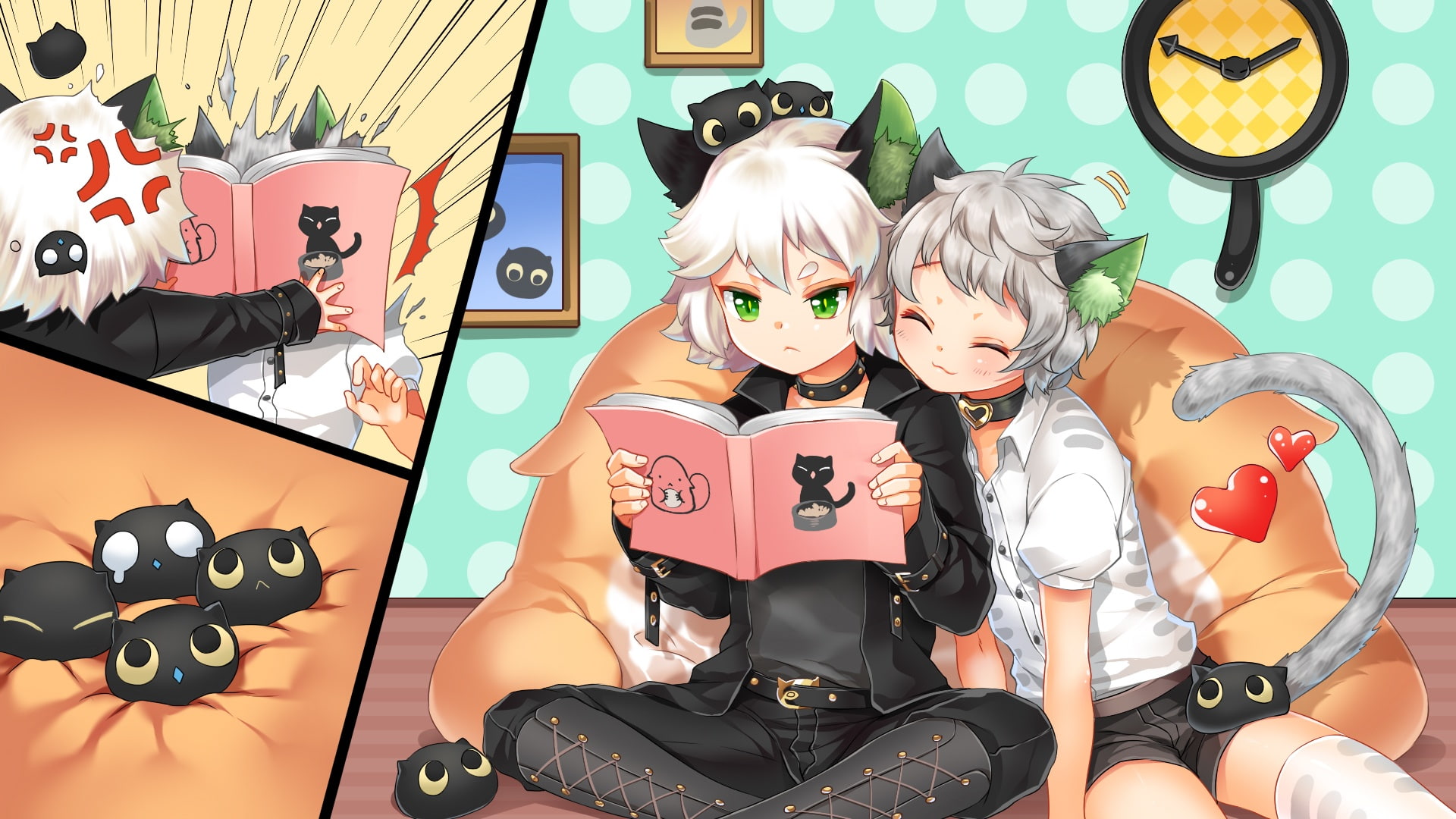 1080P, tagme, all, boots, blush, hair, konachan, zettai, short, (artist), green, shorts, eyes, catboy, thighhighs, collar, ryouiki, book, tail, animal, HD Wallpaper