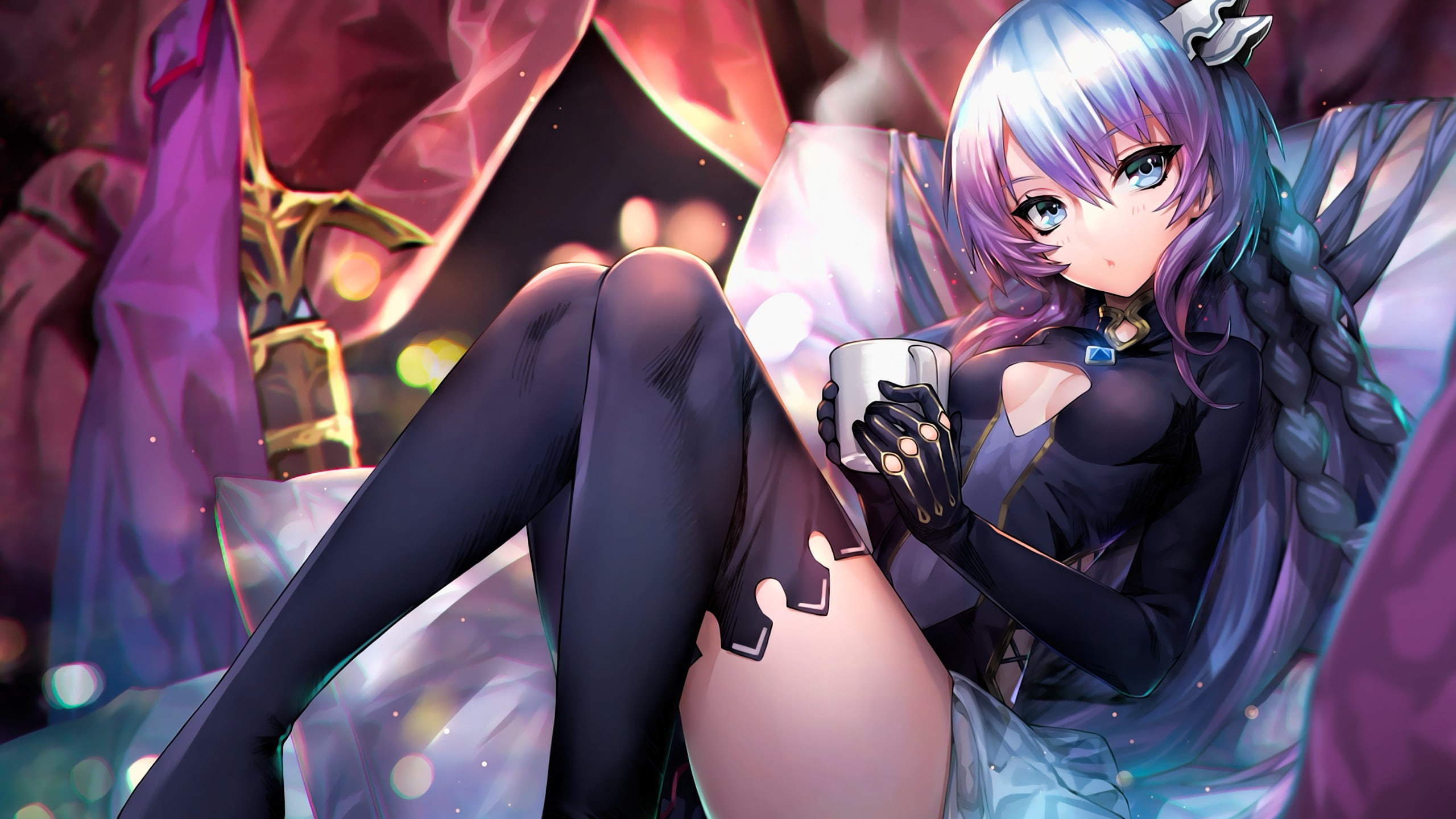 dress, purple, 2K, young women, women, event, females, party - social event, lifestyles, people, clothing, night, indoors, warrior blue hair blonde chain chronicle anime girls, HD Wallpaper