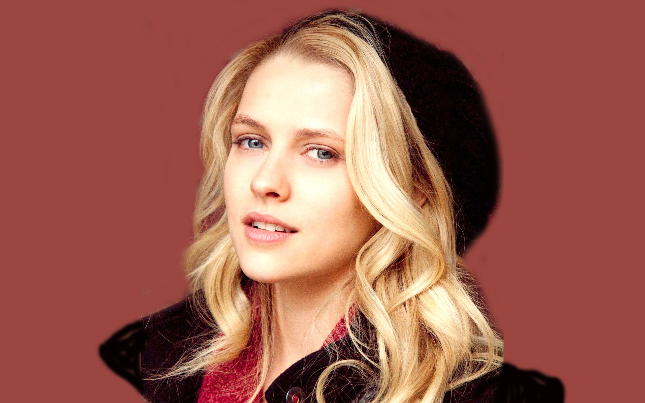 hair, long hair, portrait, young adult, beauty, young women, hairstyle, teresa palmer, studio shot, red, smiling, headshot, blond hair, beautiful woman, HD Wallpaper