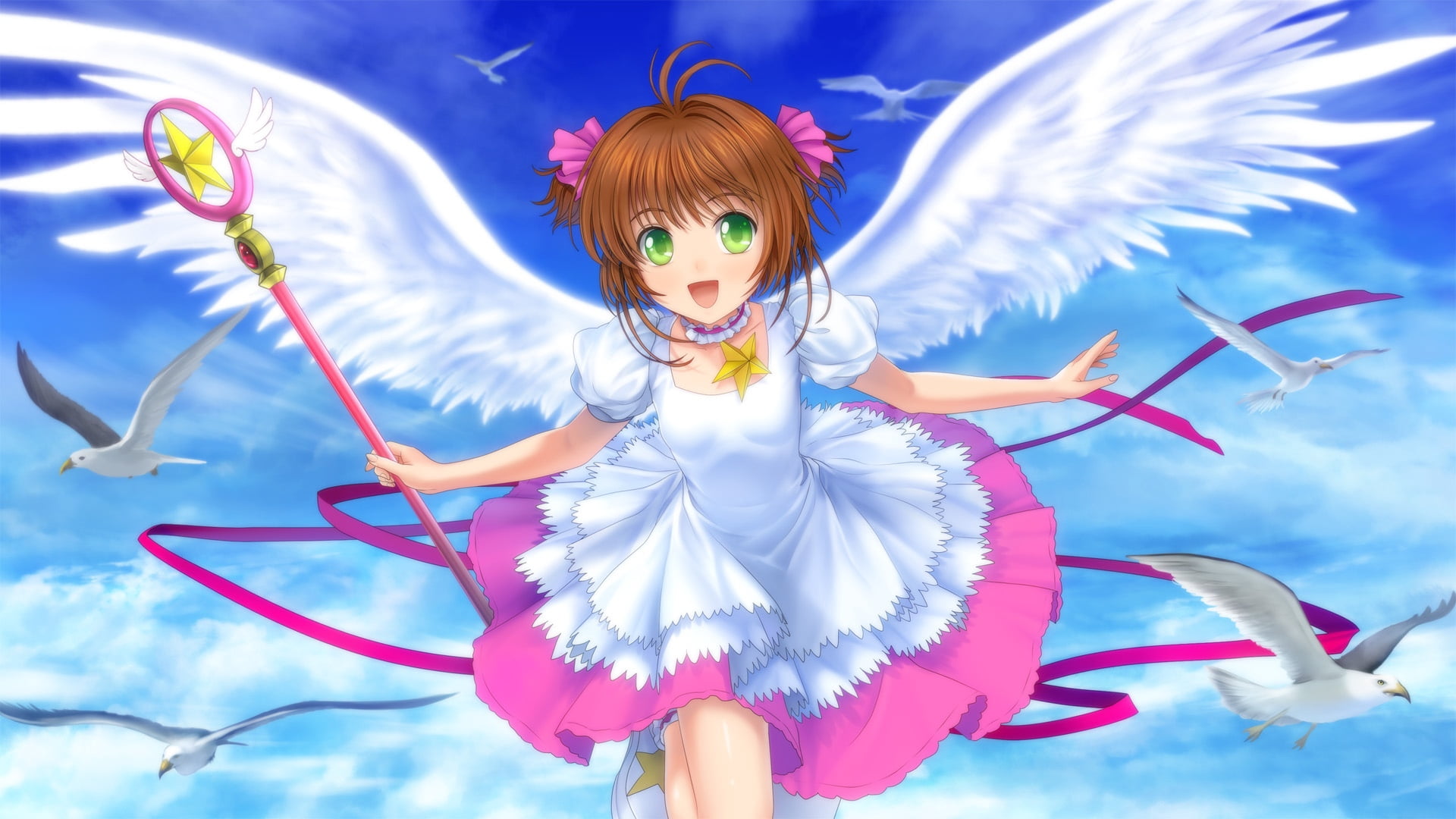 card, motion, front view, costume wing, image, sakura, fun, flight, animal Wing, women, red, human arm, one person, summer, card captor sakura, gull, moonknives, HD Wallpaper