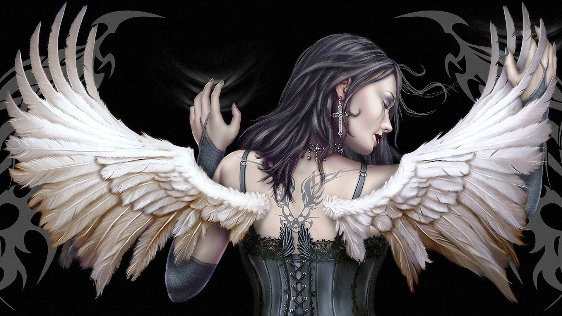 hairstyle, human arm, 1080P, front view, angel, costume wing, young women, s, wings, elegance, beautiful woman, animal body part, beauty, white, shirt, HD Wallpaper