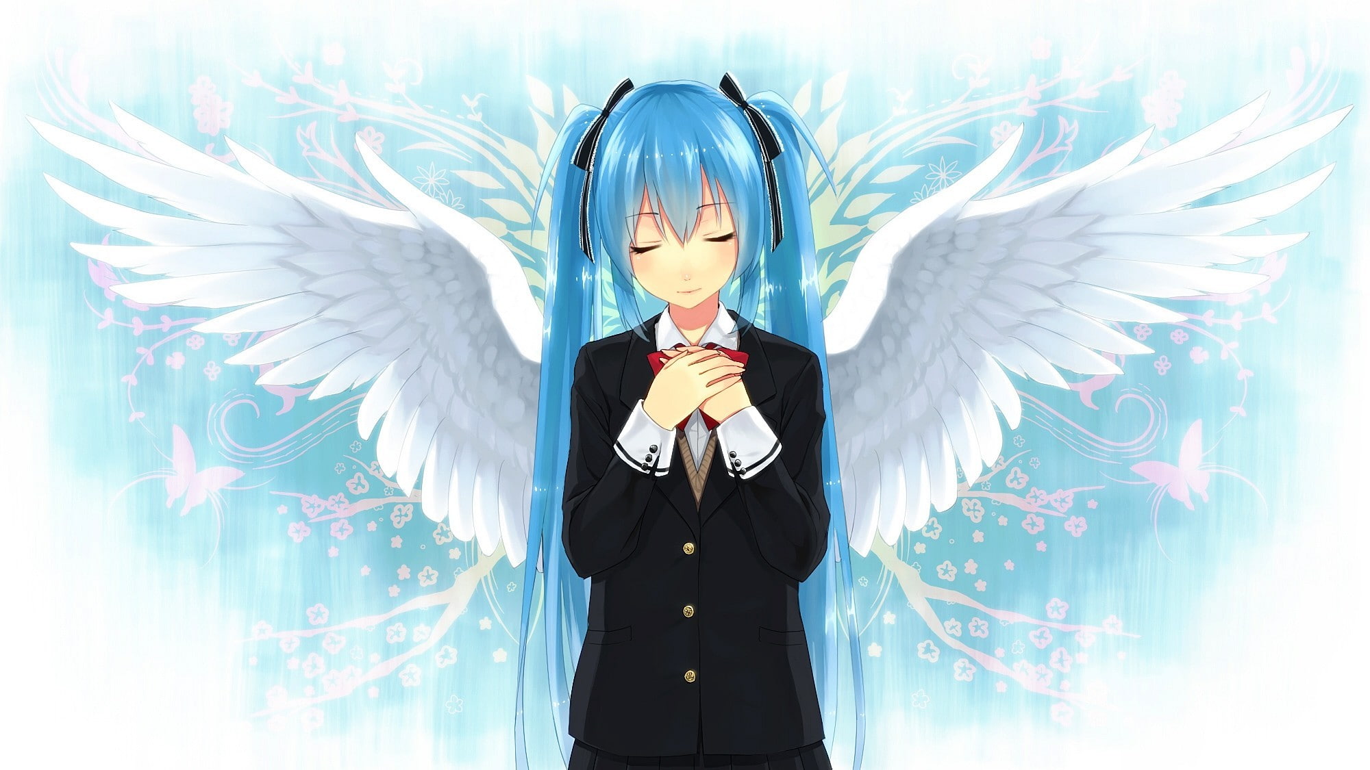 women, indoors, closed eyes, one person, wings, Vocaloid, angel, front view, Hatsune Miku, digital composite, young adult, art and craft, animal wing, illuminated, HD Wallpaper
