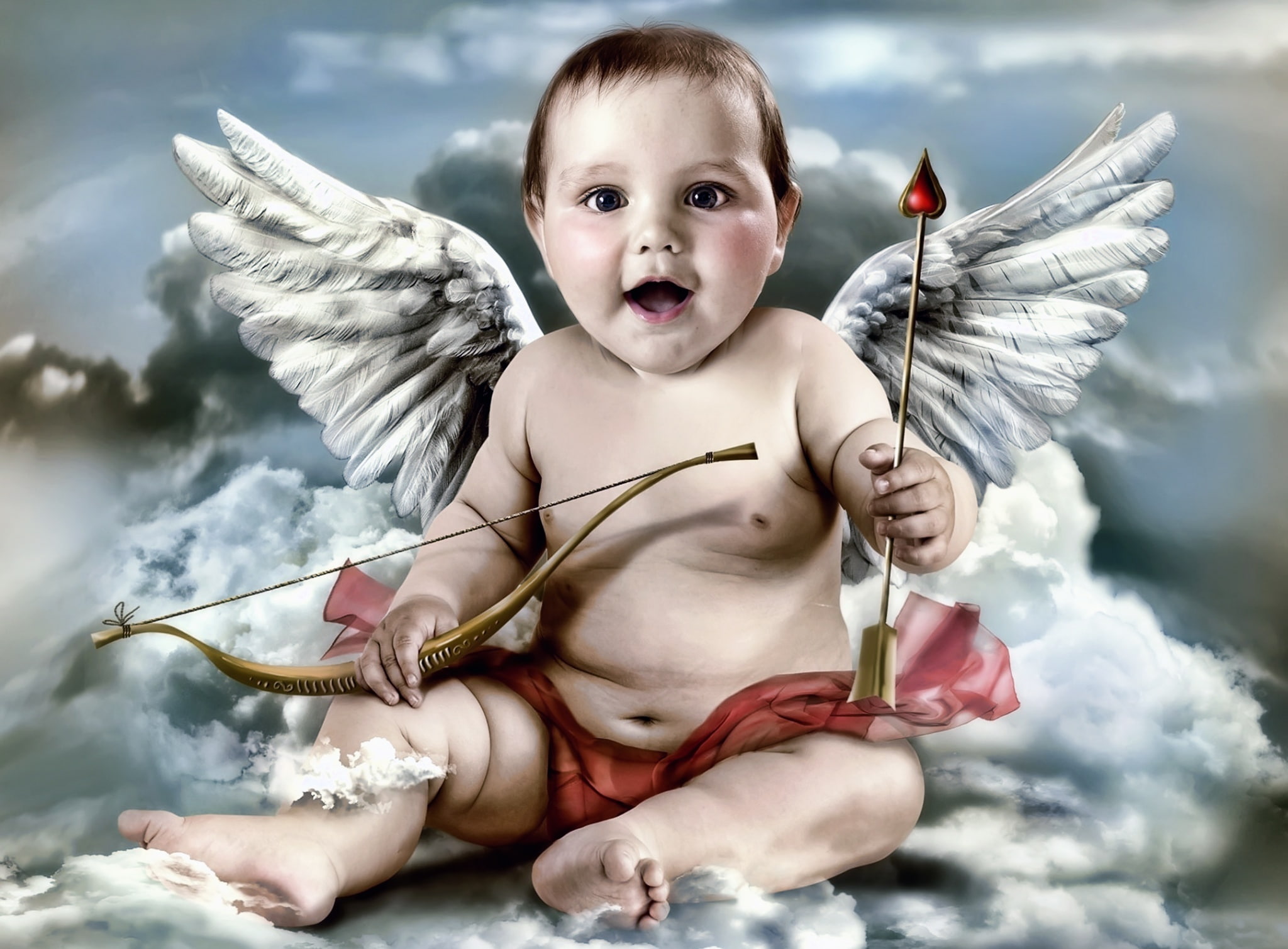 cloud - sky, front view, childhood, angel, real people, cute, girls, lifestyles, day, 1080P, animal wing, looking at camera, child, innocence, cherub, HD Wallpaper