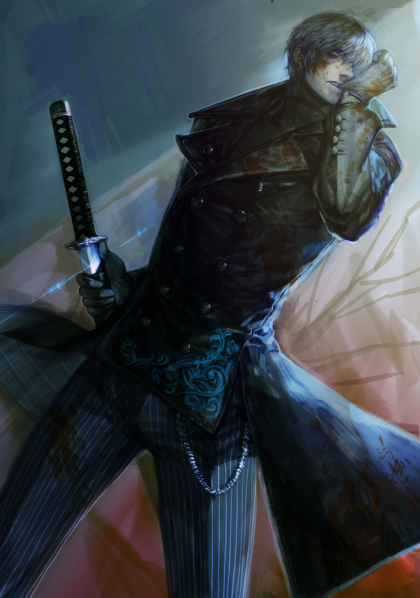 1080P, male, sword, blood, original, devil+may+cry-vergil, Phone HD Wallpaper