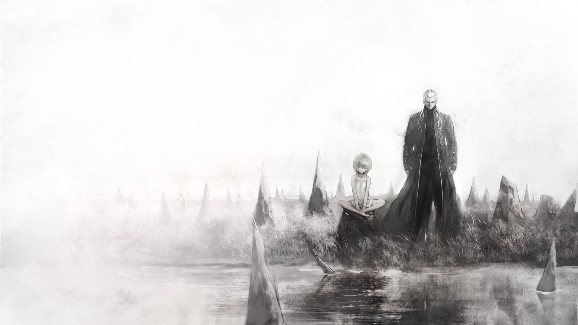 waterfront, day, nature, touhou video games anime girls vergil izayoi sakuya devil may cry, women, art and craft, lake, water, 1080P, men, adult, outdoors, HD Wallpaper