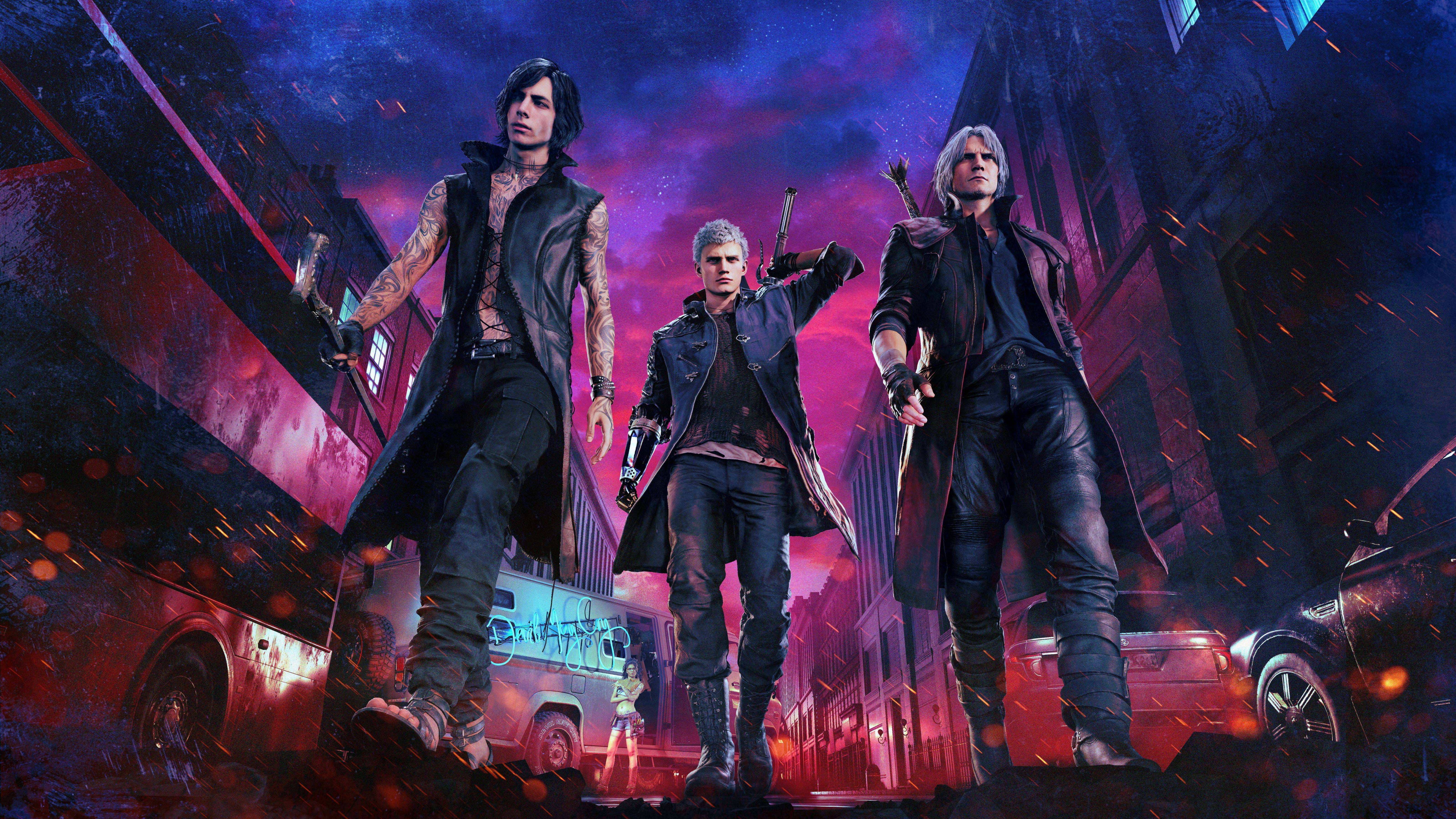 5K, Nico, Van, Swords, Building, Game, Characters, Dante, Guys, Cloaks, Girl, Art, The sky, Windows, The city, The game, Nero, Bus, Clothing, Weapons, HD Wallpaper