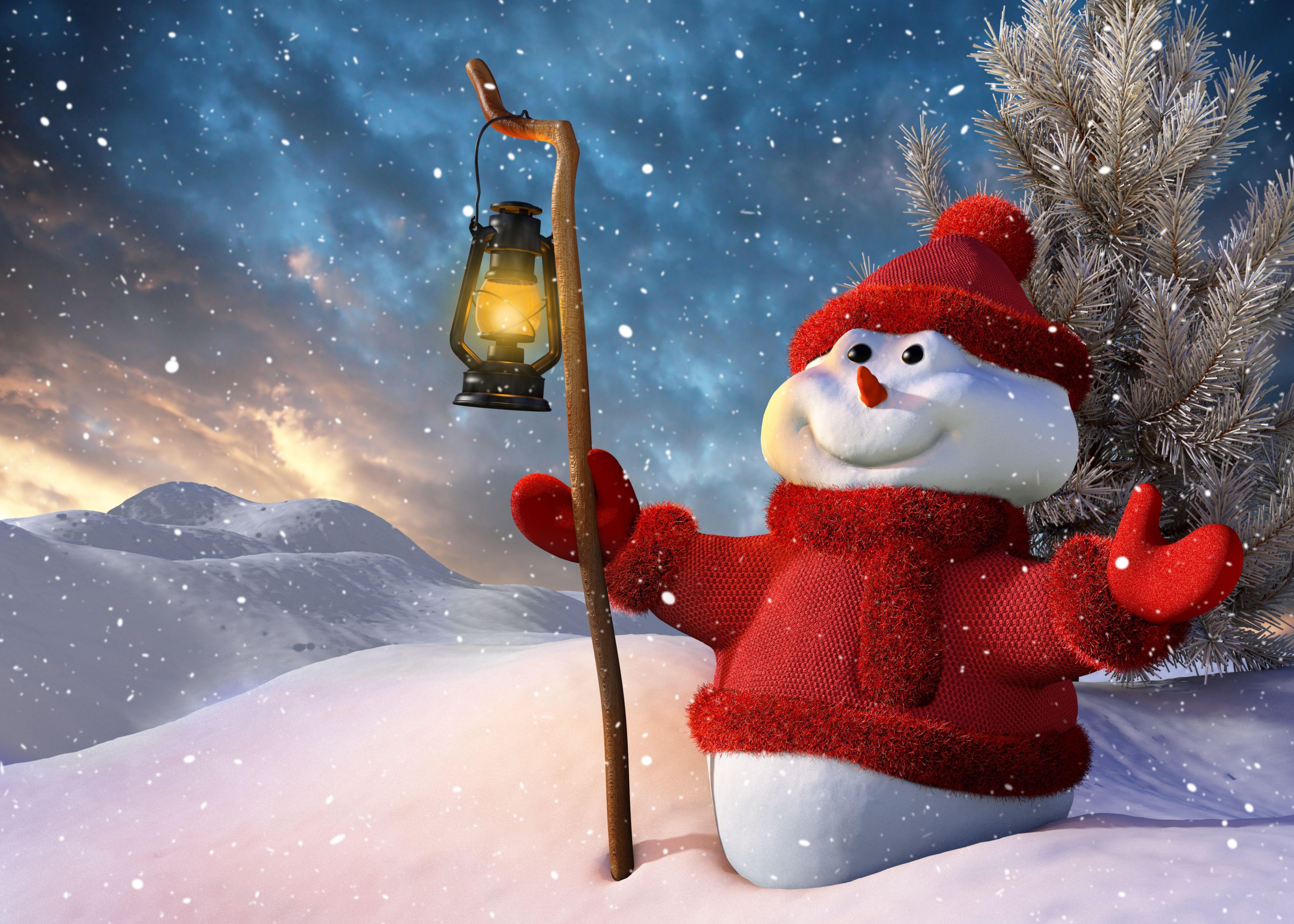 holding, snow, illustration, tree, year, smiling, lamp, christmas, snowman, red, 4K, new, lantern, sweater, new year, HD Wallpaper
