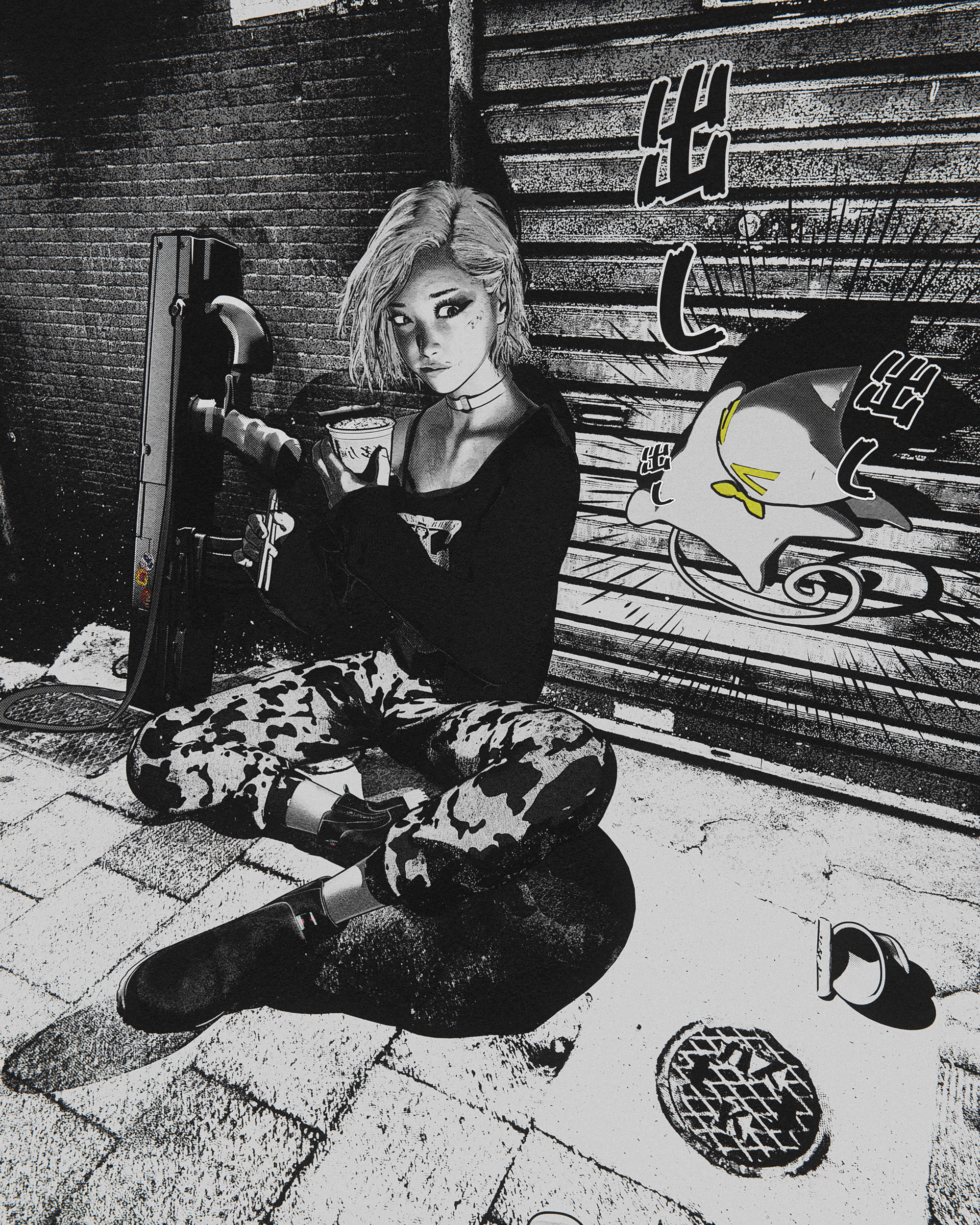 ArtStation, digital painting, digital art, on the ground, gun, 1080P, short hair, eating, portrait display, artwork, looking at the side, on the floor, Phone HD Wallpaper