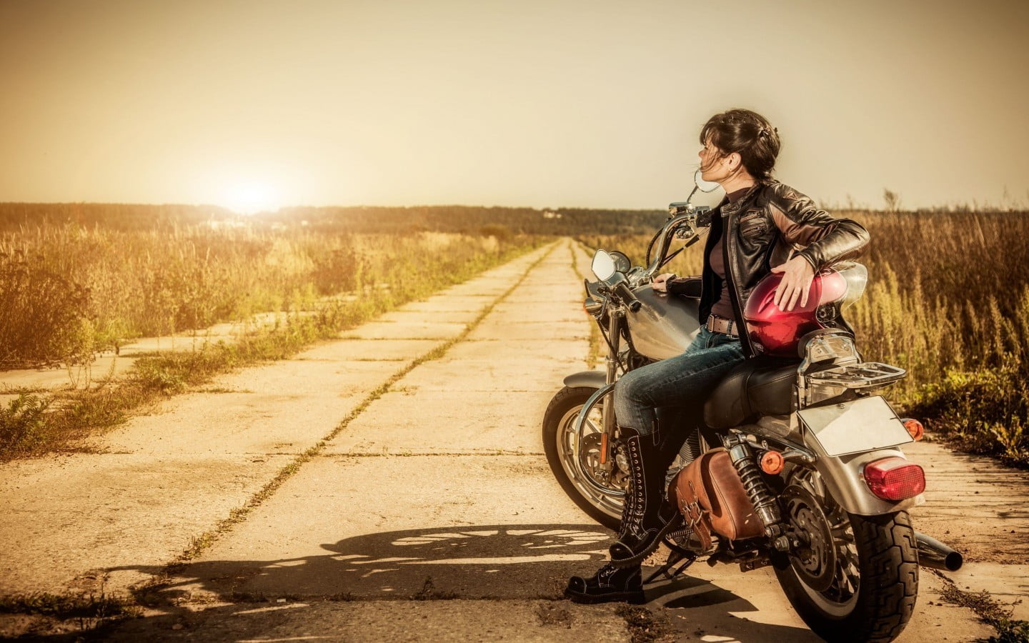 women with motorcycles, s, fashion, sitting, black, women, transportation, beautiful woman, jeans, freedom, crash helmet, helmet, leather, landscape, outdoors, HD Wallpaper