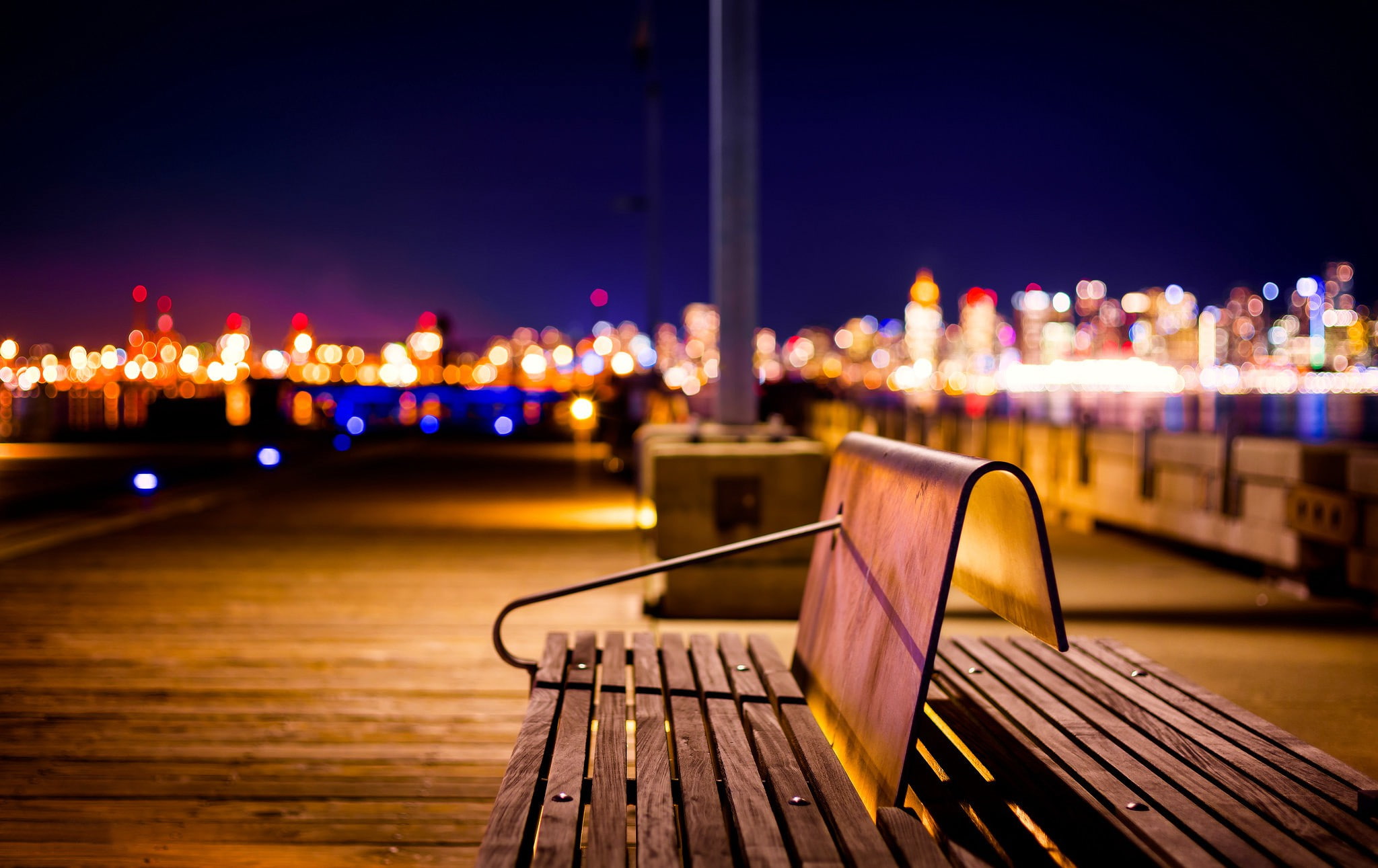 north, shops, bench, columbia, light, the town pier, British Columbia, outdoor, Canada, 1080P, North Vancouver, vancouver, lights, bokeh, Night, british, HD Wallpaper