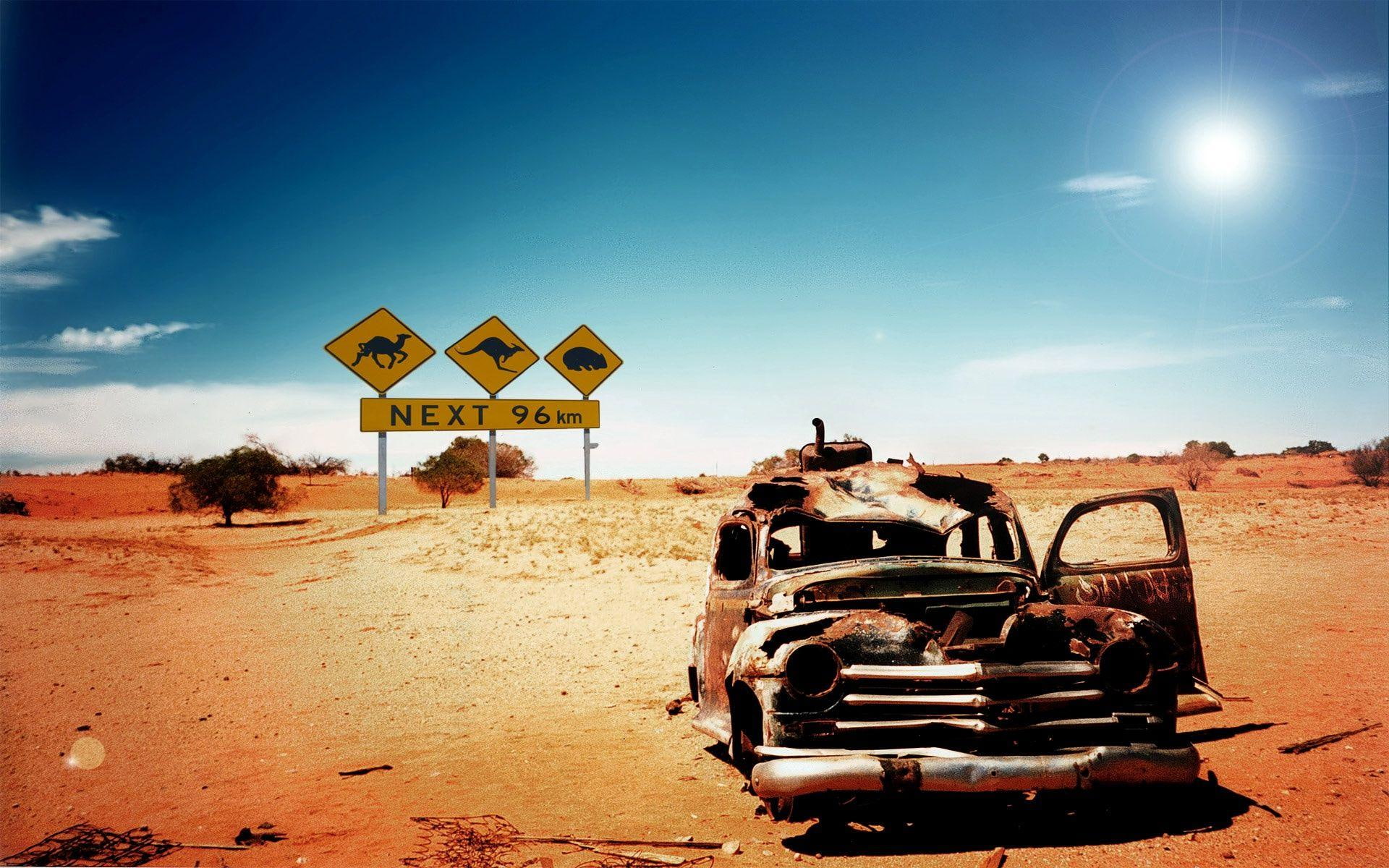 arid, signs, desert, trees, camel, blue, outback, kangaroo, soil, rusty, 1080P, dirt, oz, womba, HD Wallpaper