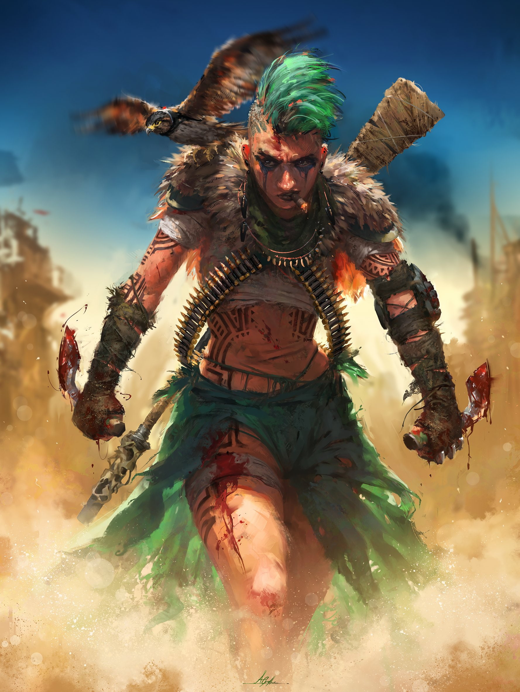 1080P, desert, soldier, punk, drawing, eagle, women, Phone HD Wallpaper