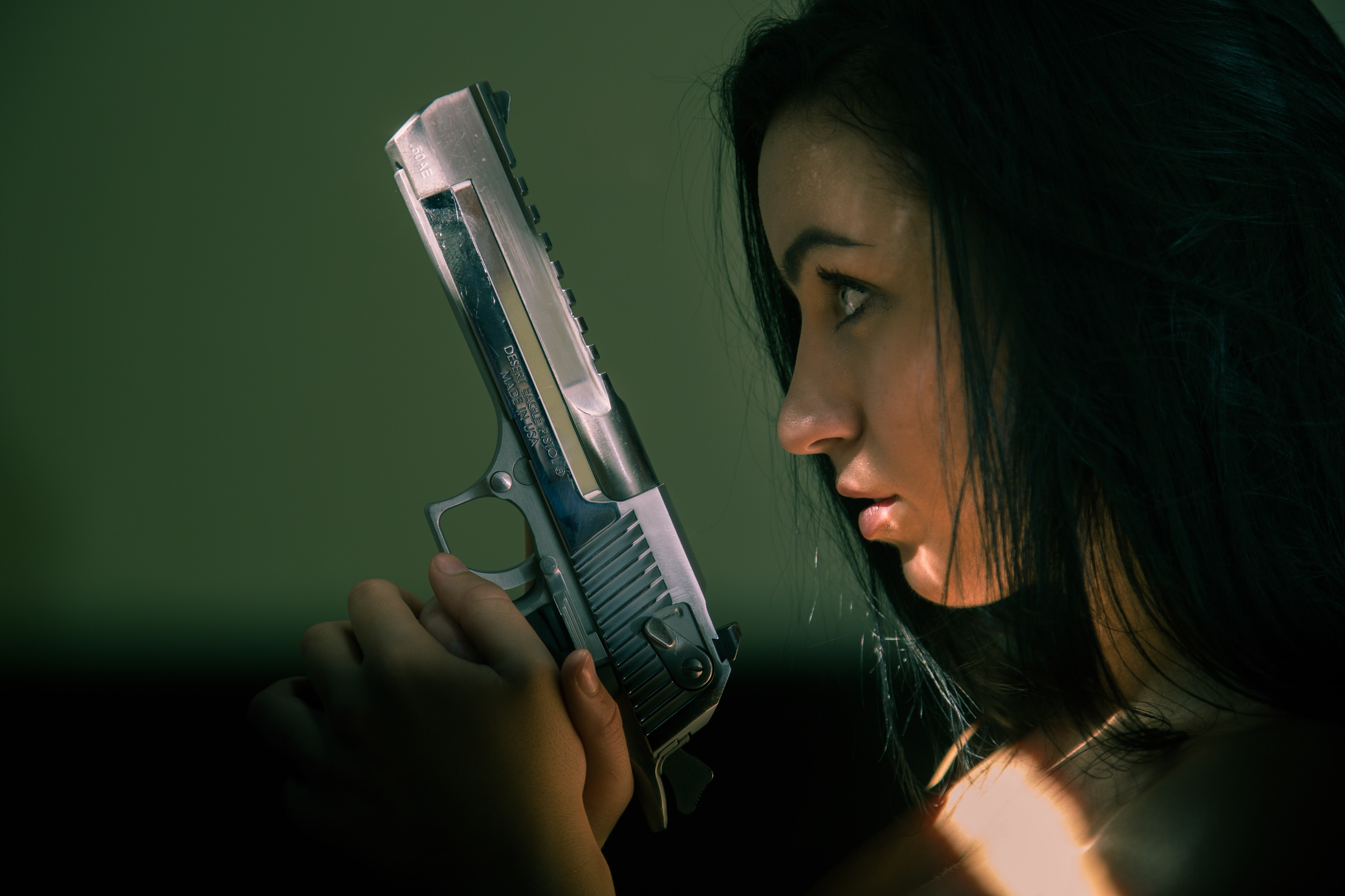 Desert Eagle, profile, girl, weapons, 5K, gun, face, HD Wallpaper