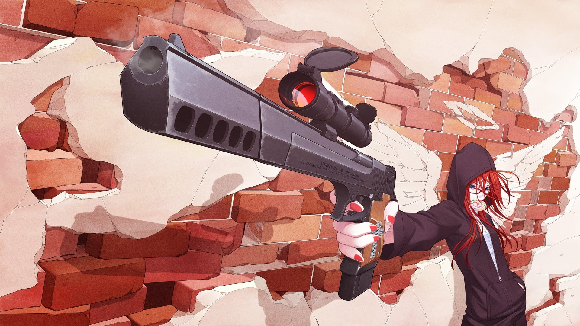 redheads, blue, desert, lollipops, art, glasses, anime, hd, hair, eagle, hot, wings, weapons, meganek, long, eyes, scope, hoodies, 1080P, guns, HD Wallpaper