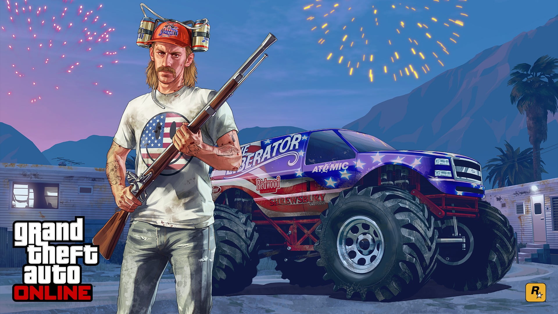 three quarter length, standing, mature men, Rockstar Games, music, clothing, Grand Theft Auto V, occupation, facial hair, one person, 1080P, holding, adult, HD Wallpaper