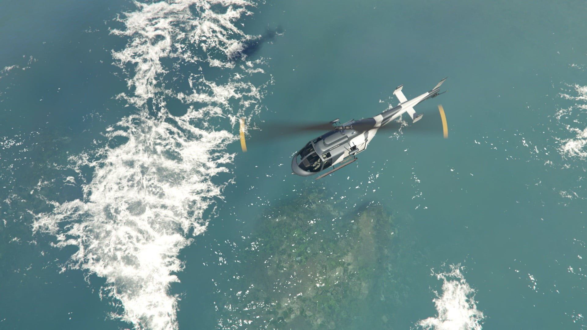 helicopter, wave pattern, wake - water, waterfront, sunlight, screen shot, Grand Theft Auto V Online, transportation, outdoors, sailboat, beauty in nature, HD Wallpaper
