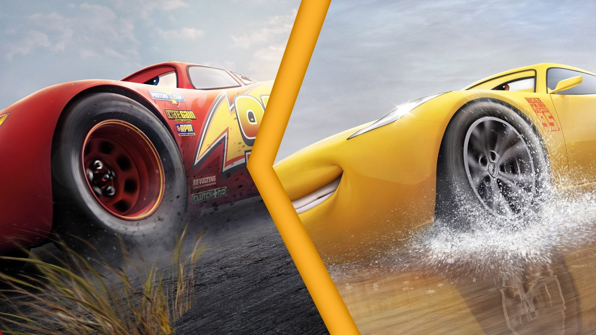 tire, transportation, Cruz Ramirez, motion, wheel, nature, land vehicle, splashing, metal, personal land vehicle, motor vehicle, day, Movie, sky, yellow, HD Wallpaper