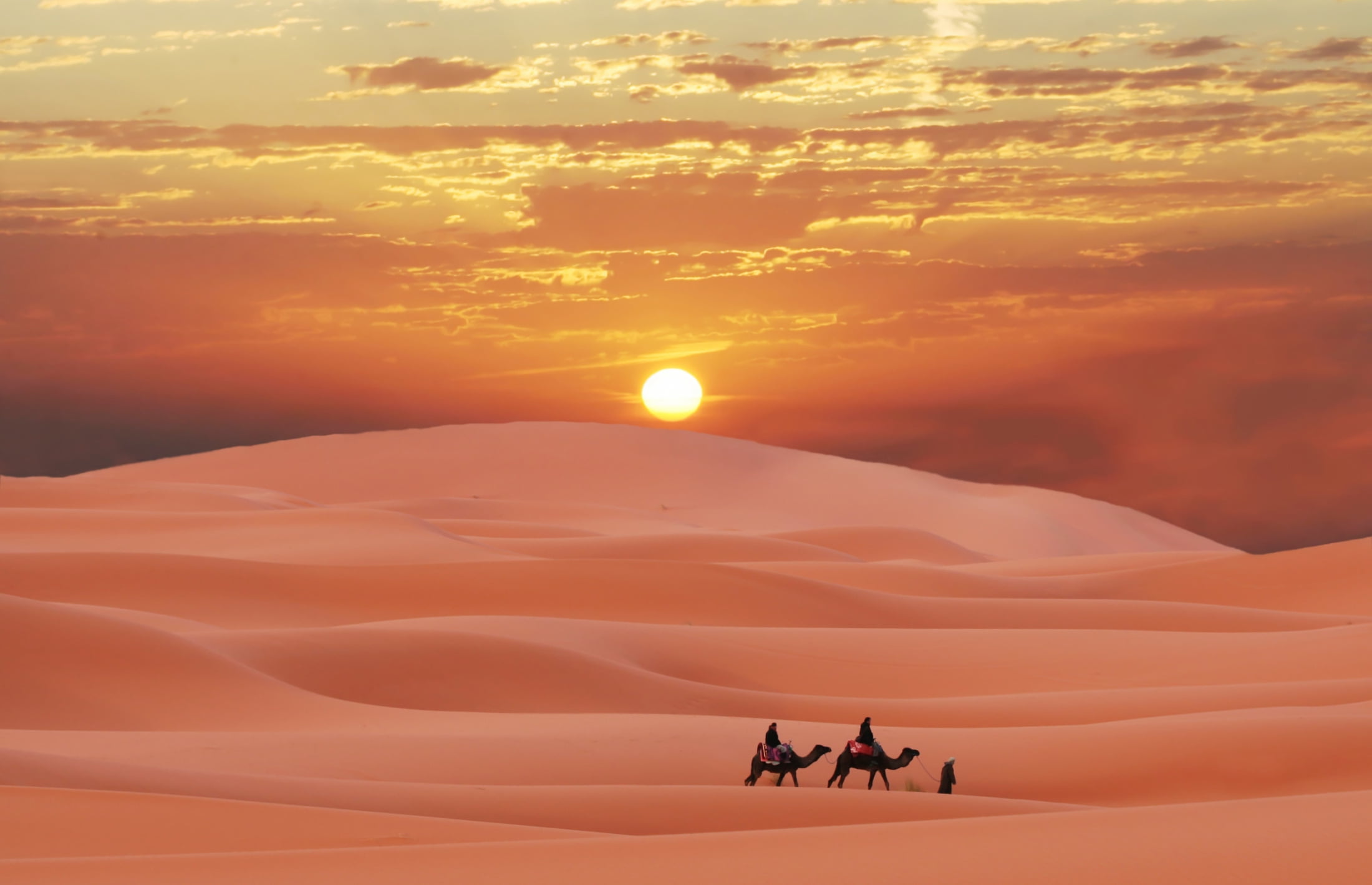 idyllic, sand Dune, sunrise - Dawn, environment, berber, sport, africa, scenics - nature, Morocco, summer, climate, yellow, group of people, no People, HD Wallpaper