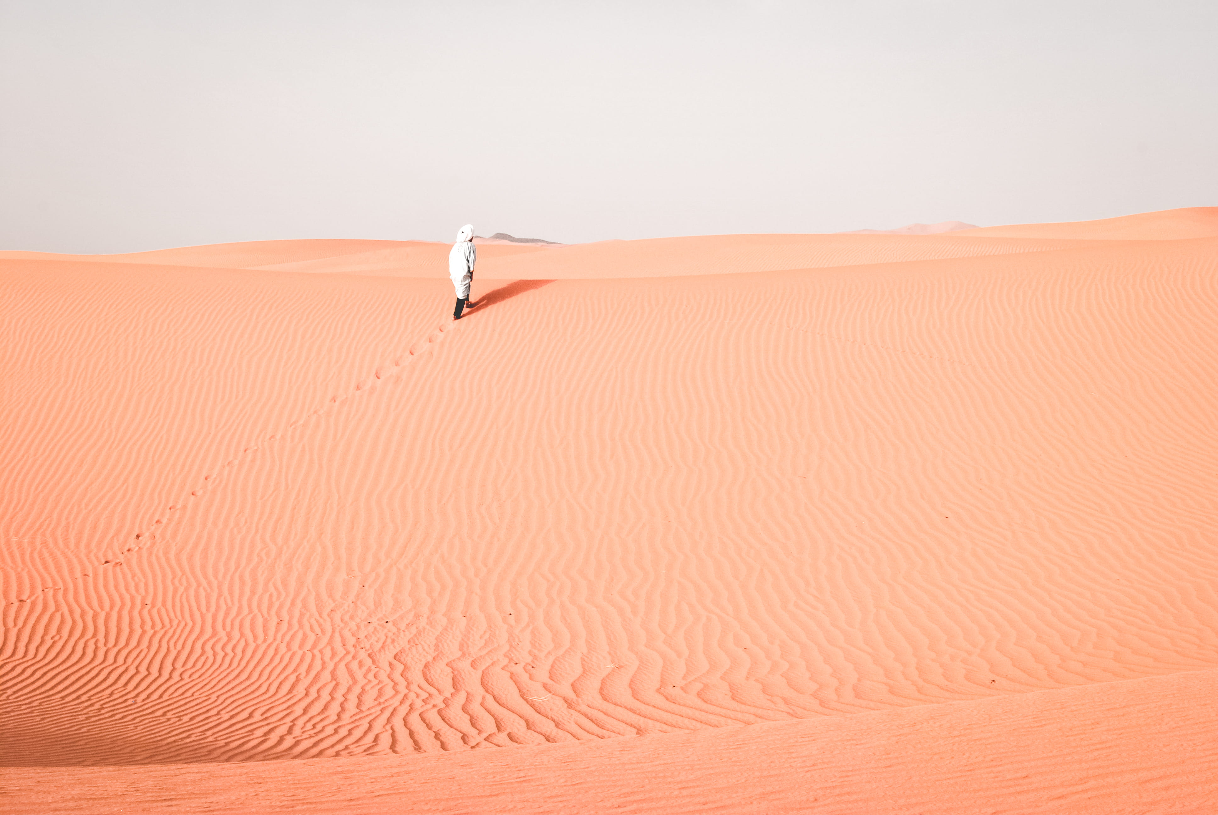 follow me, terrain, arid Climate, tranquility, climate, day, environment, man, yellow, walking, tranquil scene, sand Dune, pattern, morocco, outdoors, merzouga, HD Wallpaper