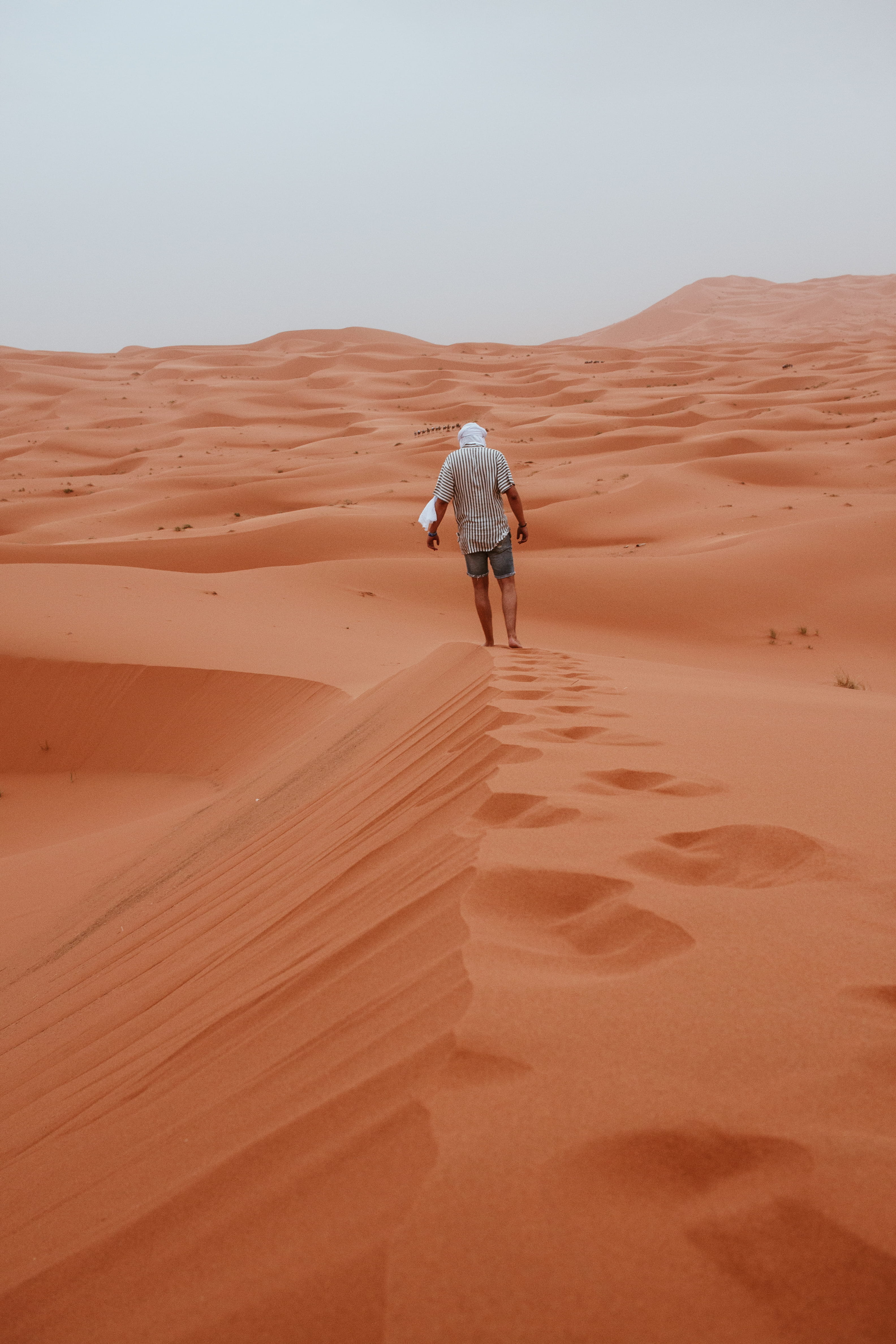 fashion, dry, sahara Desert, style, arid Climate, male, travel, texture, people, footprints, adventure, beach, shirt, solitude, vacations, footprint, gray, Phone HD Wallpaper