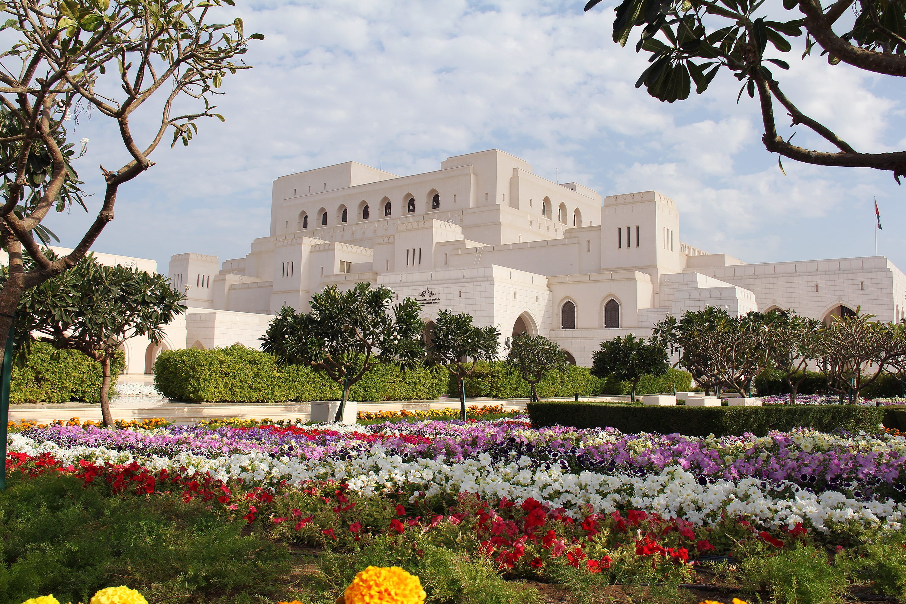 2K, flower, opera, vacation, sky, outdoors, tourism, freshness, royal opera house, built structure, low angle view, tree, flowerbed, middle east, leisure, HD Wallpaper