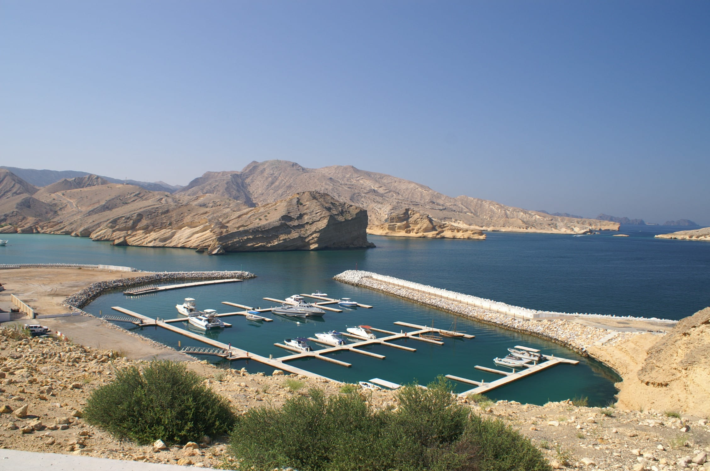 nautical vessel, tranquil scene, land, outdoors, mode of transportation, sky, 1080P, mountain range, water, oman, sea, transportation, no people, scenics - nature, HD Wallpaper